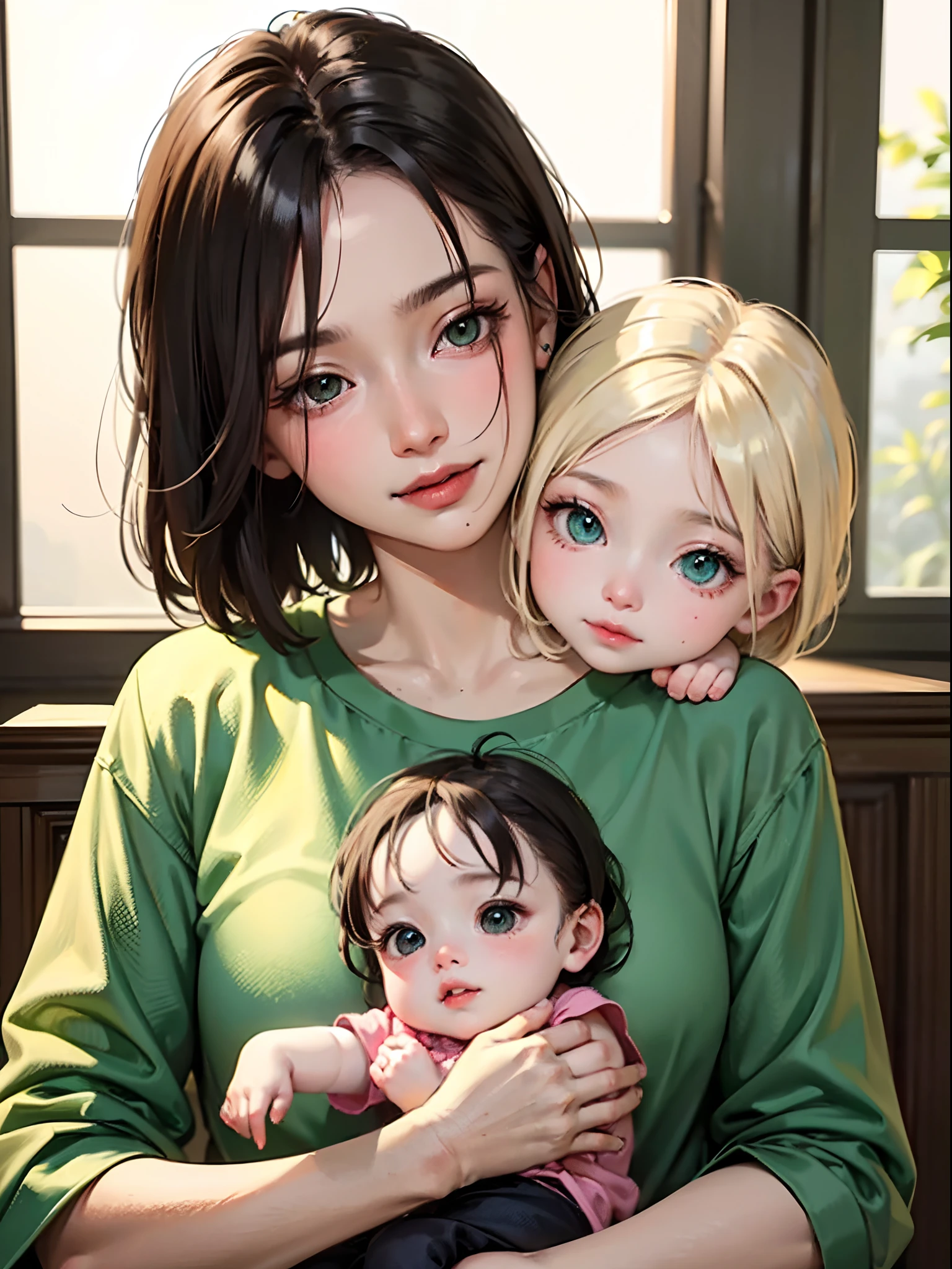 (masterpiece:1.2, best quality), (real picture, intricate details), 1man, 1 , upper body, casual, minimal makeup, natural fabrics, close-up face, smile, home, father and baby, man with baby, father with short light dark hair, father with green eyes, baby with platinum blonde hair, baby with green eyes, cute, family, father and baby, father and infant, female baby, girl babyther short black hair green eyes, baby platinum blonde hair and green eyes, father dark hair