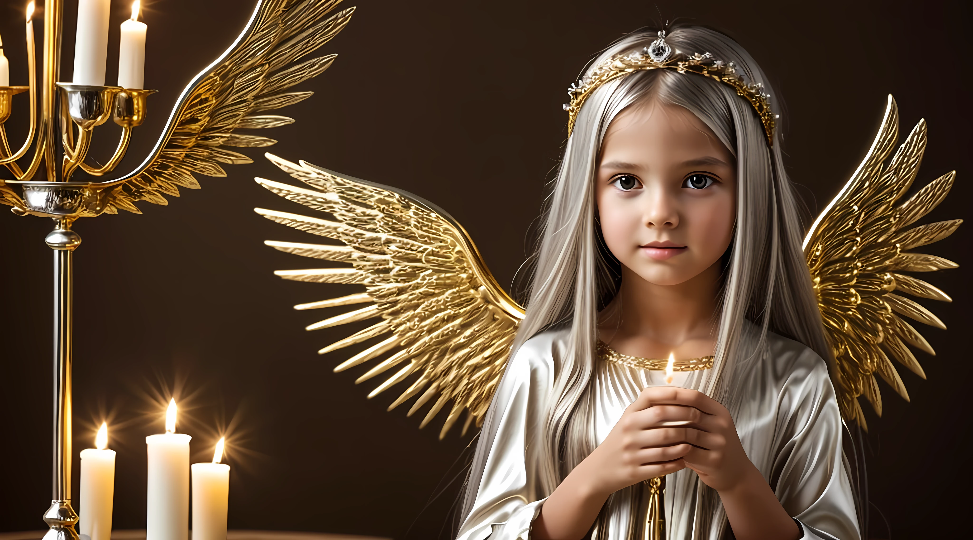 CHILDREN LONG HAIR SILVER GOLDEN ANGEL GIRL with candle accesses in hand.