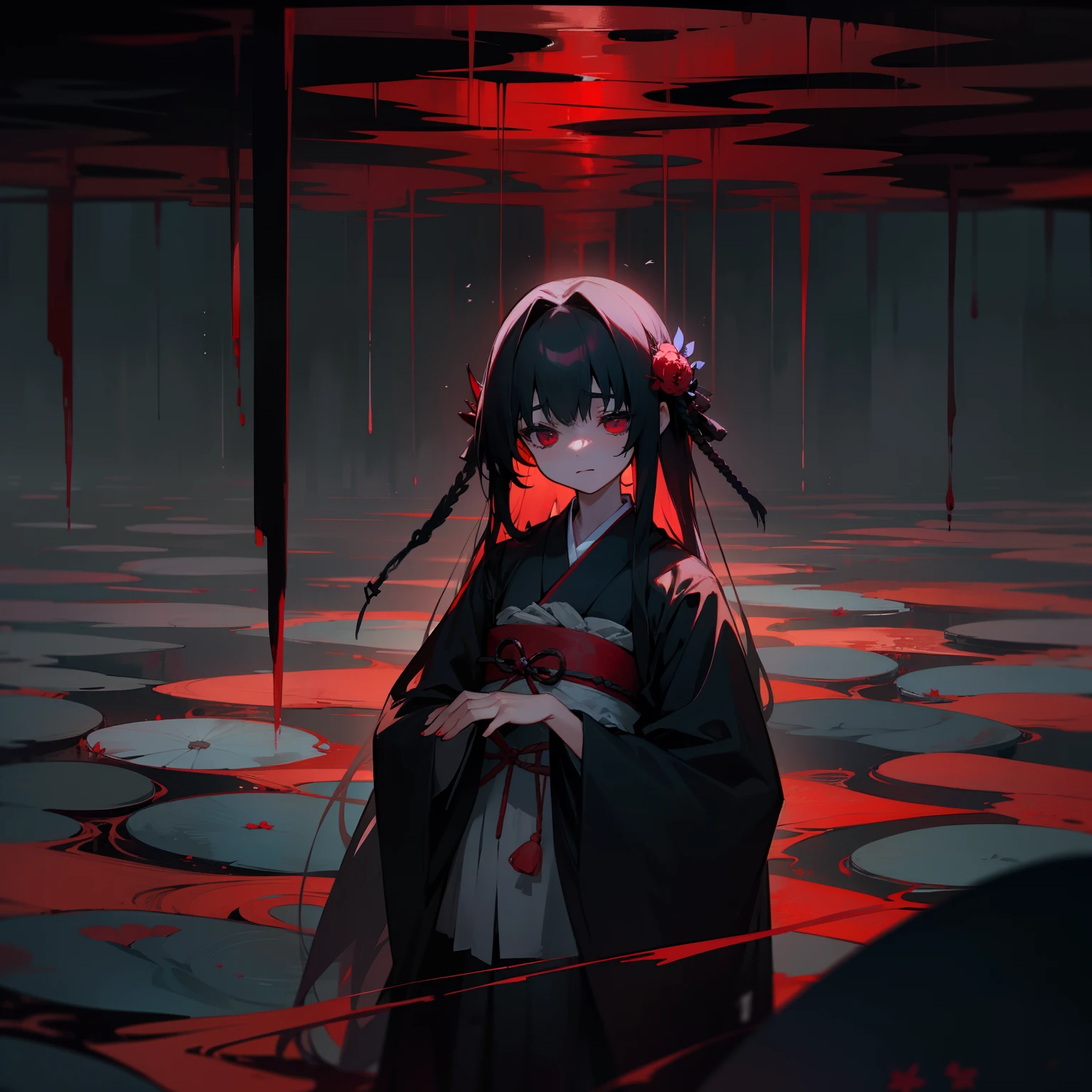 Deep Darkness、Sea of Blood、Forgotten memories、The end of silence。In a labyrinthine mind、Endless sadness、Withered flowers、Lead and crimson despair。Japanese dress
