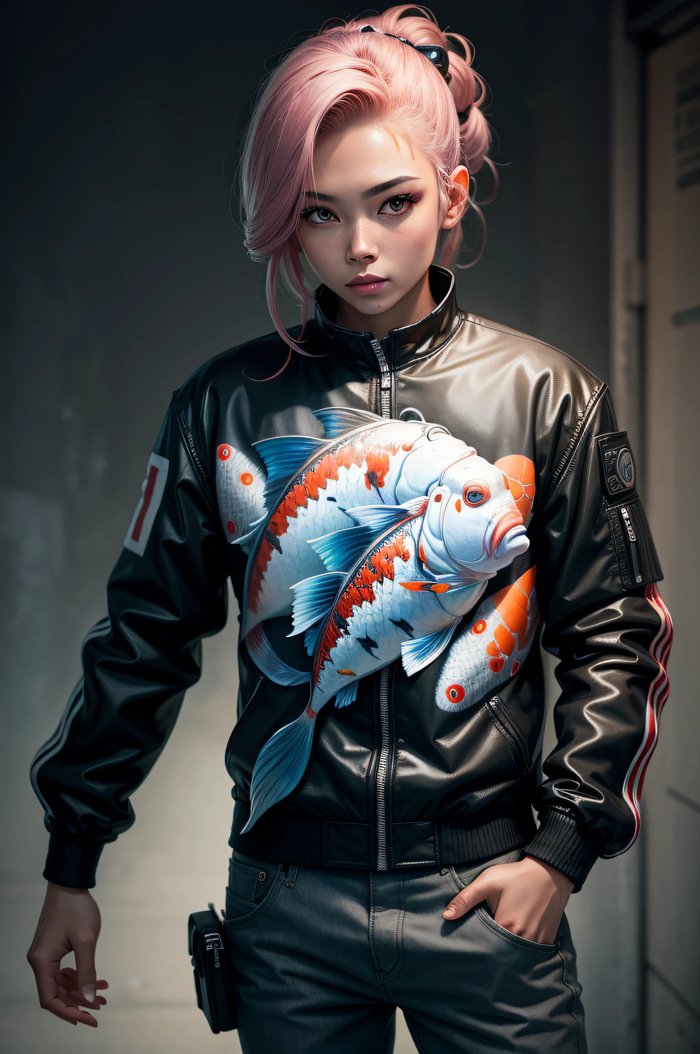 Hyper Realistic photograph portrait cyborg, jacket made from koi vis, 64k, masterpiece