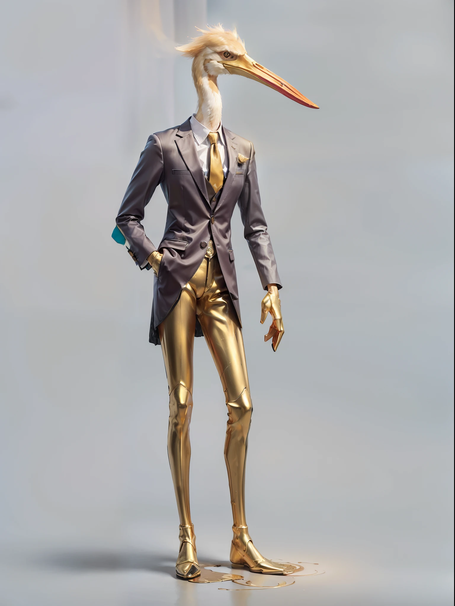 (((fullbody image、Standing posture)))、(Full-body golden stork standing upright in luxury business suit、Humanoid golden stork、Cool anthropomorphic golden stork with long legs)、​masterpiece, top-quality, in 8K , intricate detailes, ultra-detailliert , light Particle、32K Digital Paint, Hyper-Realism, No background