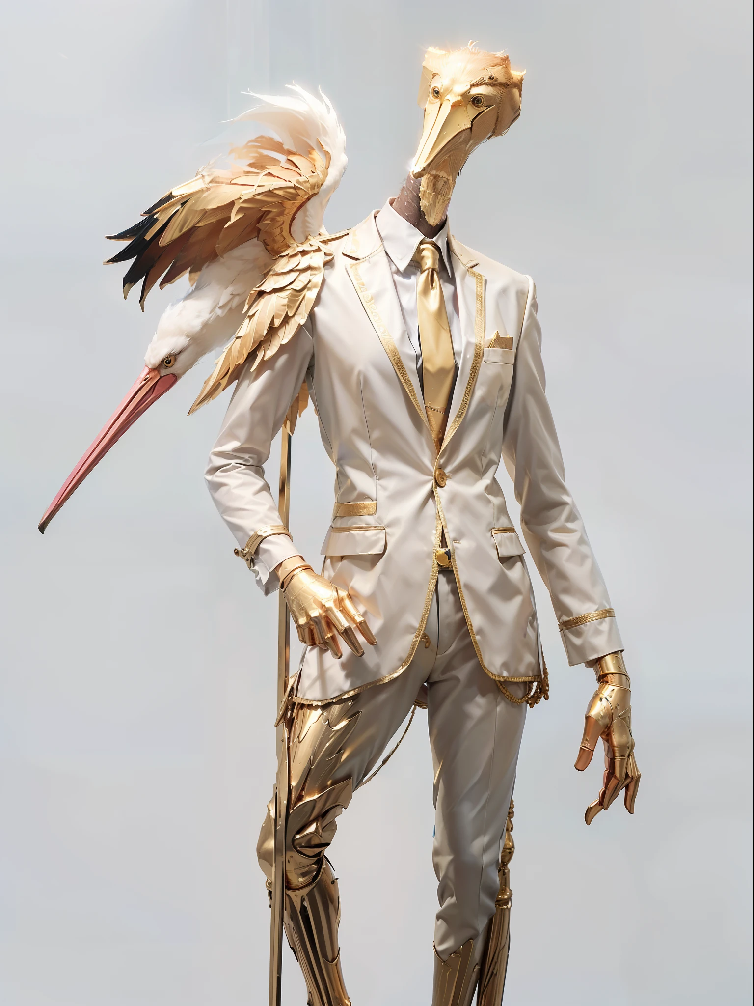 (((fullbody image、Standing posture)))、(Full-body golden stork standing upright in luxury business suit、Humanoid golden stork、Cool anthropomorphic golden stork with long legs)、masterpiece, top-quality, in 8K , intricate detailes, ultra-detailliert , light Particle、32K Digital Paint, Hyper-Realism, No background