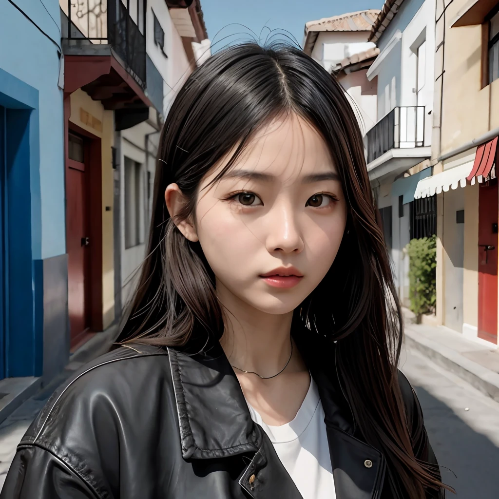 (Hannah Kim) mejor calidad, obra maestra, girlish, cabello oscuro, ojos oscuros, calle, sol que brilla, piel detallada, resplandor solar