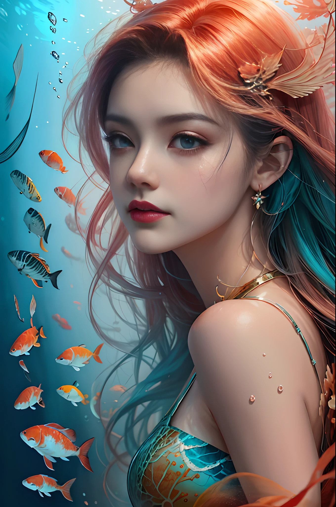 ModelShoot style, (Extremely detailed Cg Unity 8K wallpaper), A chaotic storm of intricate liquid smoke in the head, Stylized abstract portrait of beautiful girl, wetted skin,Koi，Beautiful koi，Flocks of koi,carp，Strange shaped corals，ocean floor，Beautiful coral reef in the background，Rochas,Marine life，colorful coral reef,author：Petros Afshar, ross tran, tom whalen, Peter Mohrbacher, Art germ, Broken glass, ((bubbly underwater scenery)) Radiant light octane rendering is highly detailed, inspired by Yanjun Cheng, Beautiful digital artwork, Guviz-style artwork, 4k highly detailed digital art, Beautiful digital illustration, Cute detailed digital art, stunning digital illustration, A beautiful artwork illustration, Exquisite digital illustration, 4K detailed digital art,
waiting to start