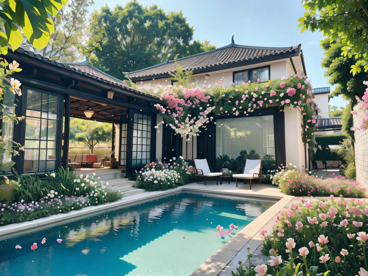 ,masterpiece, best quality,8k, ultra highres,Reallightandshadow,(Realiy,realisticlying),Stroll through this exquisite courtyard,It's like being in a sea of flowers。flowers blooming,Fragrant,butterfliesdancing,It gives the illusion of being like a fairyland。There is a huge pool in the center of the courtyard,The surface of the lake ripples,Reflecting the clear sky and the surrounding greenery and flowers。The side relaxation area features comfortable premium loungers,Let you enjoy the afternoon sun,Feel the refreshing breeze on your face。This courtyard is an oasis at home,Away from the hustle and bustle of the city,Feel the gift of nature,Refreshing。