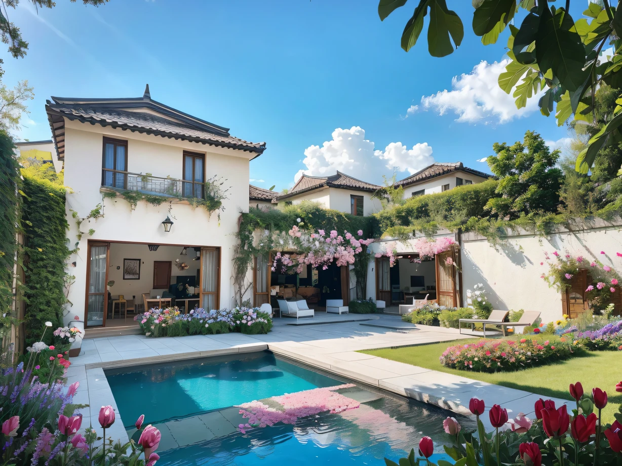 ,masterpiece, best quality,8k, ultra highres,Reallightandshadow,(Realiy,realisticlying),Stroll through this exquisite courtyard,It's like being in a sea of flowers。flowers blooming,Fragrant,butterfliesdancing,It gives the illusion of being like a fairyland。There is a huge pool in the center of the courtyard,The surface of the lake ripples,Reflecting the clear sky and the surrounding greenery and flowers。The side relaxation area features comfortable premium loungers,Let you enjoy the afternoon sun,Feel the refreshing breeze on your face。This courtyard is an oasis at home,Away from the hustle and bustle of the city,Feel the gift of nature,Refreshing。