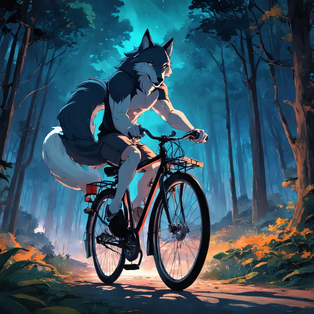 imagine um lobo ciclista correndo de bicicleta na floresta a noite