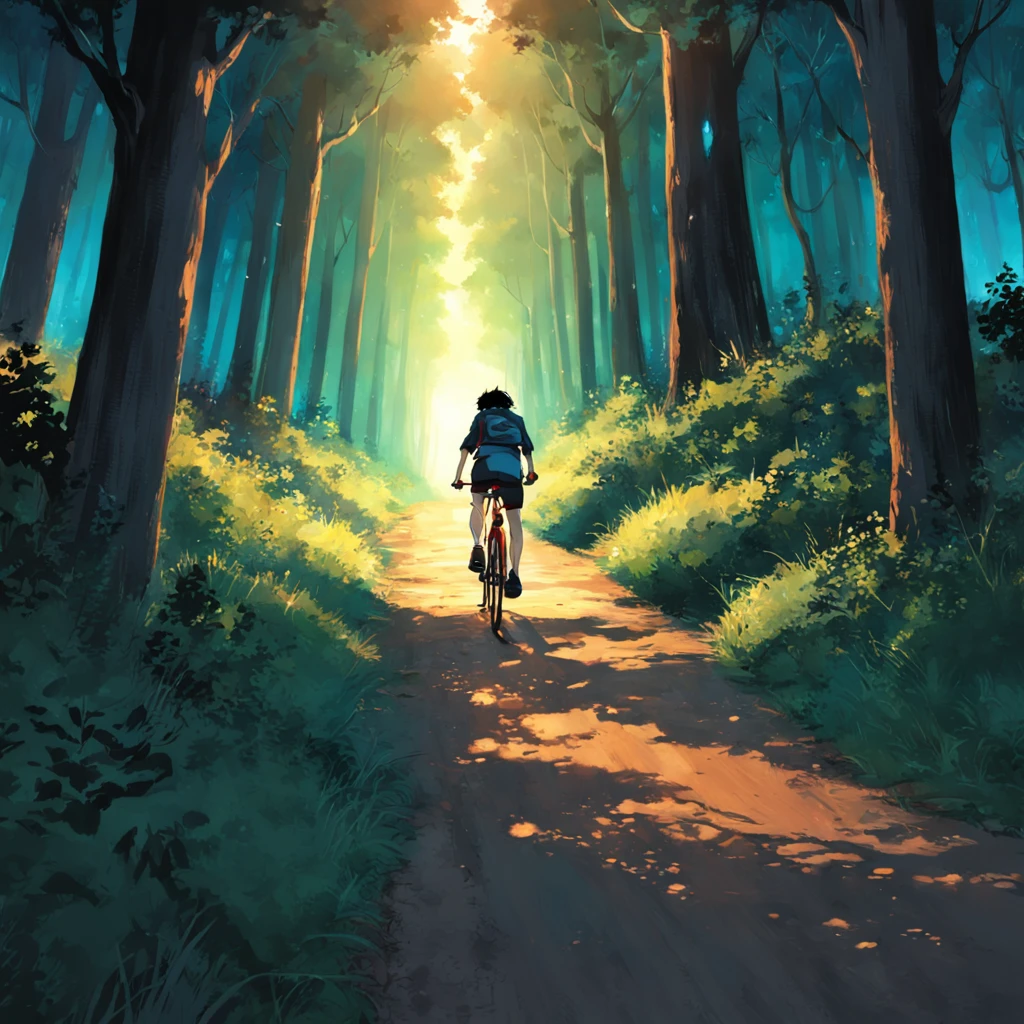 imagine um lobo ciclista correndo de bicicleta na floresta a noite