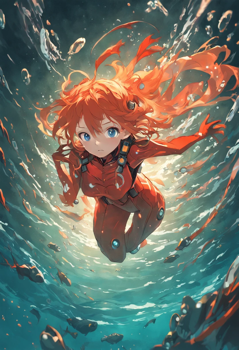 Official art,Luminous Eyes,Masterpiece,In the sea,Scuba,Floating feeling,reefs,Flickering light,Many bubbles,Beautiful seabed,aqualung,Foot fins,Red wetsuit,astonished face,Interface headset,plugsuit,blue eyess,Orange hair,Twin-tailed,Red rubber suit,longshot,Asuka,is standing