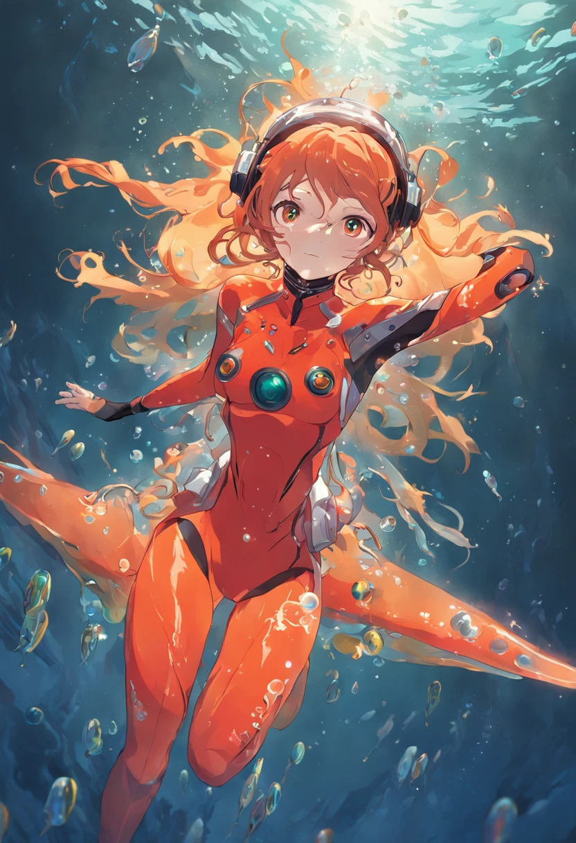Official art,Luminous Eyes,Masterpiece,In the sea,Scuba,Floating feeling,reefs,Flickering light,Many bubbles,Beautiful seabed,aqualung,Foot fins,Red wetsuit,astonished face,Interface headset,plugsuit,blue eyess,Orange hair,Twin-tailed,Red rubber suit,longshot,Asuka,is standing