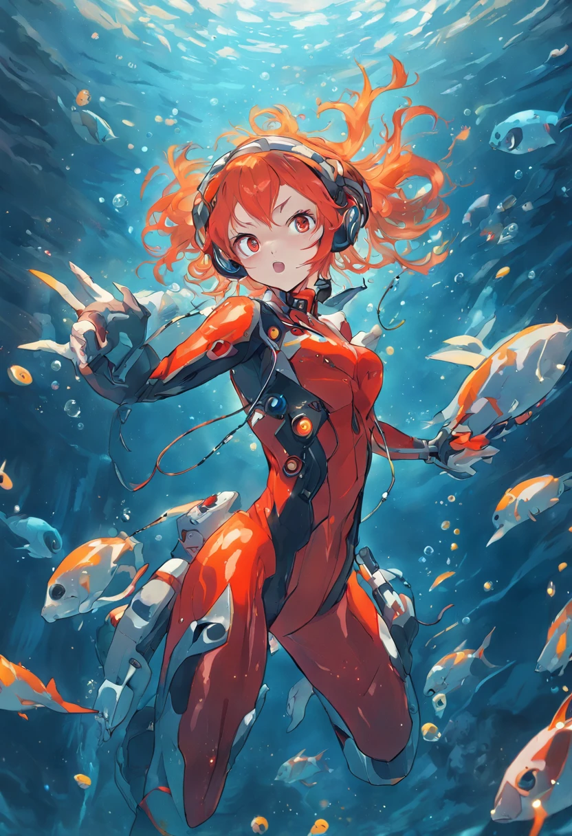 Official art,Luminous Eyes,Masterpiece,In the sea,Scuba,Floating feeling,reefs,Flickering light,Many bubbles,Beautiful seabed,aqualung,Foot fins,Red wetsuit,astonished face,Interface headset,plugsuit,blue eyess,Orange hair,Twin-tailed,Red rubber suit,longshot,Asuka,is standing