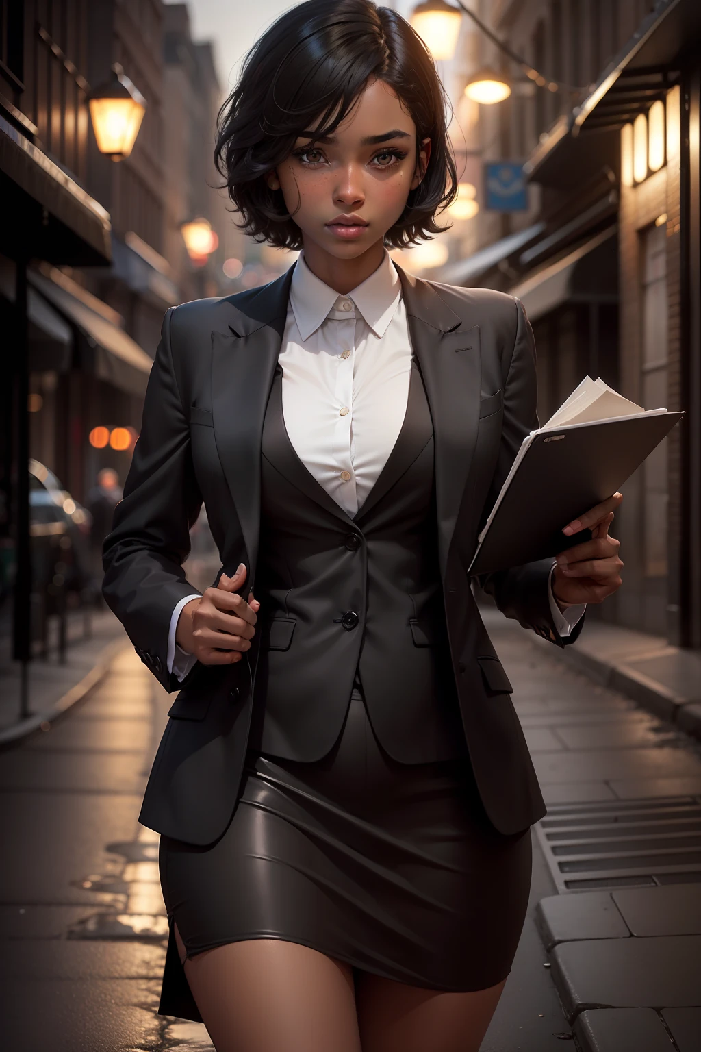 1girl, beautiful girl, brown skin, small mole on her left cheek, half body, Body Length 150 cm, 20 years old, brown skin girl, .(short black hair) , (black eyes), realistic eyes, beautiful and big eyes), Formal suit clothes, Small breasts, (8k wallpaper), (Street in night wallpaper) 8k, high quilty, realistic, beautiful realistic, Cool details, raw photo, realistic clothing, short hair, black hair, realistic hair, Light and cool lighting, photo realistic, Cel shaded, Gel lighting, ultra details