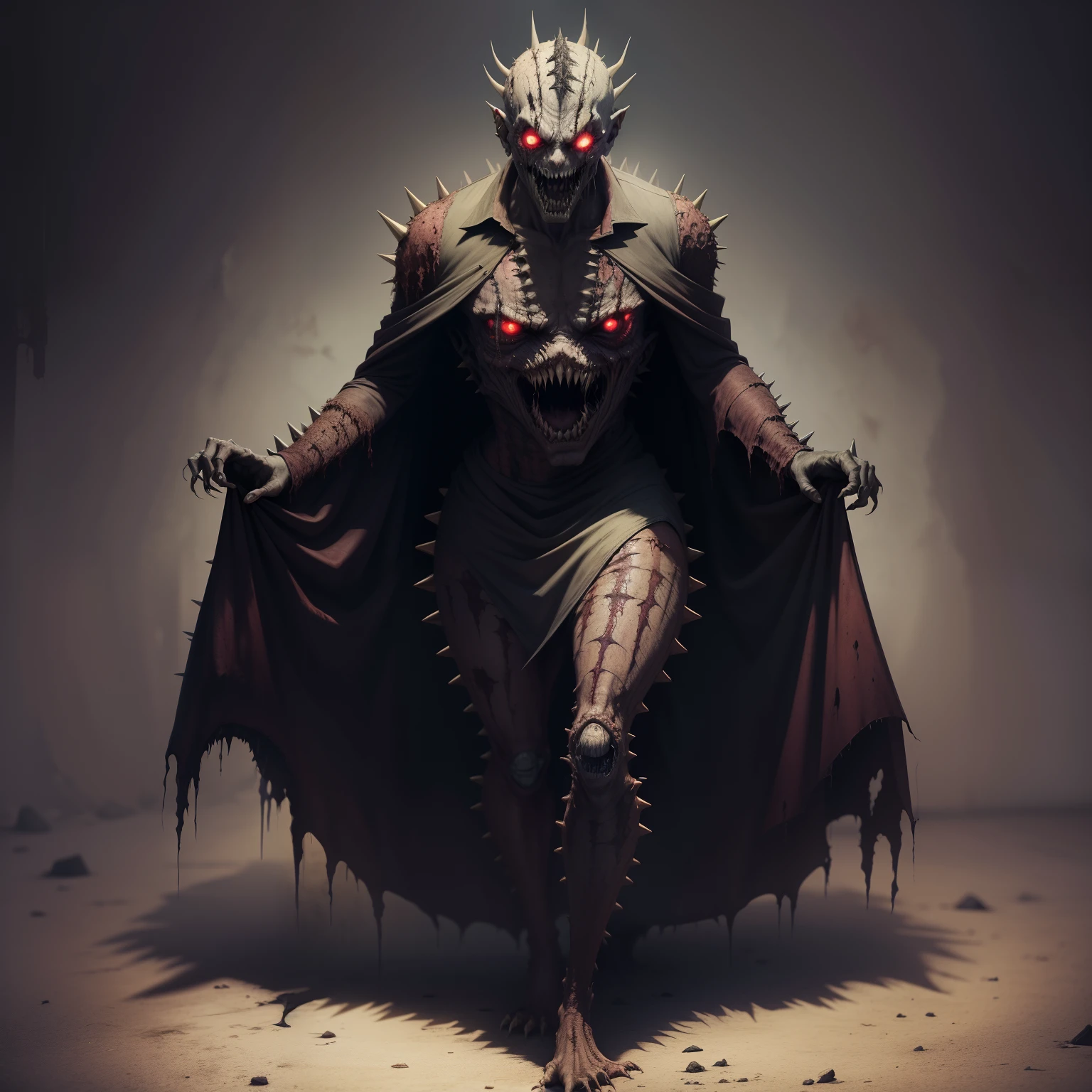 An horror like creature, very distorted and ugly, made out of flesh and sutures, creepy smile and face, jumpscare themed, zombified, lord raptor like, spikes, slender, gross, 1980 scare movies, full body, professional, anime style, FULL BODY