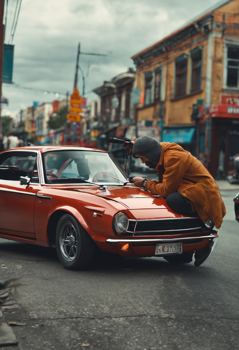 Realistic photo of a person recording a car with a camera in hand --AR 4:5