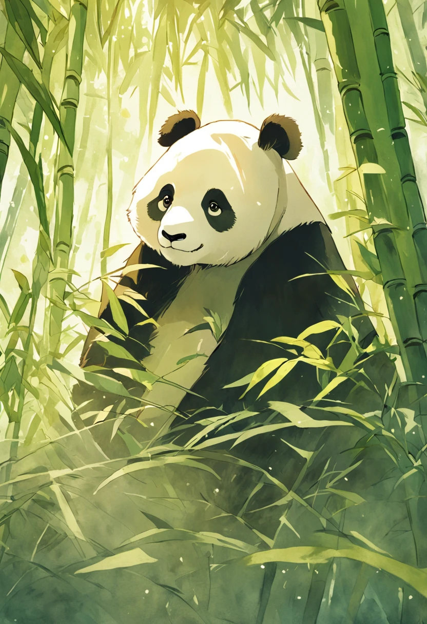 um panda peludo bonito brincando com uma abelha em clareiras de bambu ensolaradas, Warm light filters through the foliage. textura detalhada do pelo, Clima natural tranquilo, soft-lighting. Estilo aquarela tradicional. --AR 4:5 --s 400 --niji 5