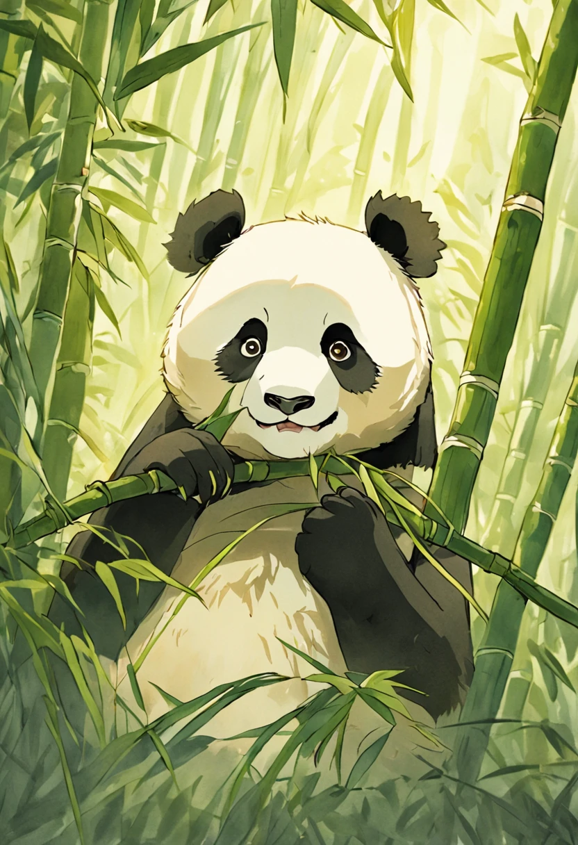 um panda peludo bonito brincando com uma abelha em clareiras de bambu ensolaradas, Warm light filters through the foliage. textura detalhada do pelo, Clima natural tranquilo, soft-lighting. Estilo aquarela tradicional. --AR 4:5 --s 400 --niji 5