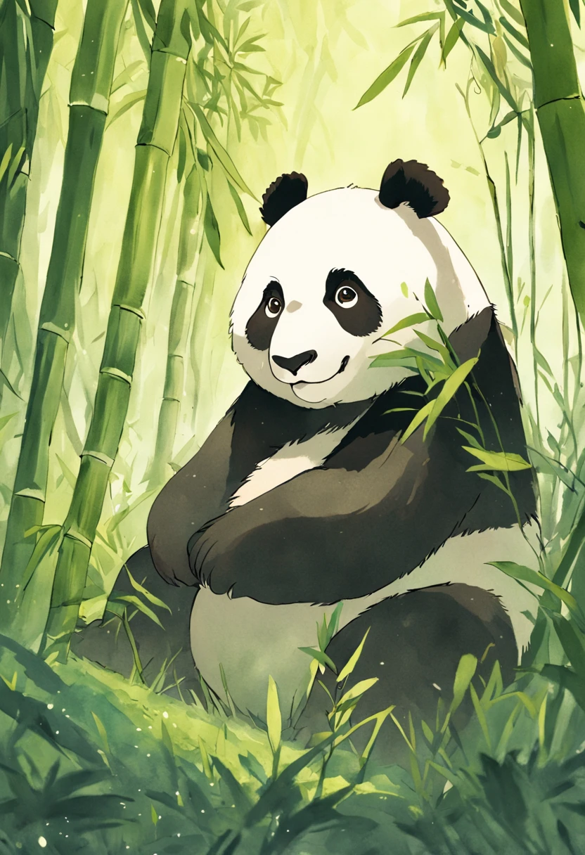 um panda peludo bonito brincando com uma abelha em clareiras de bambu ensolaradas, Warm light filters through the foliage. textura detalhada do pelo, Clima natural tranquilo, soft-lighting. Estilo aquarela tradicional. --AR 4:5 --s 400 --niji 5