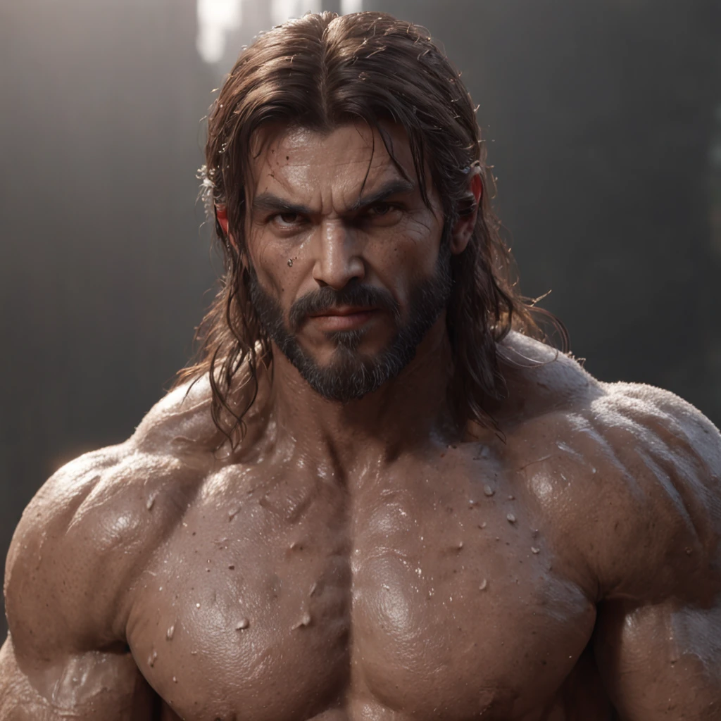 (professional 3d render:1.3) af (Realistic:1.3) most beautiful artwork photo in the world，Features soft and shiny male heroes, ((Epic hero fantasy muscle man rough wet hero angry look long hair short beard and ferocious expression in dynamic pose, Fantastic location, Majestic cluttered environment)), full body 8k unity render, action  shot, skin pore, very dark lighting, heavyshading, Detailed, Detailed face, (vibrant, photograph realistic, Realistic, Dramatic, Dark, Sharp focus, 8K), (Old leather garments damaged by weathering:1.4), ((((Wear fur)))), (Intricate:1.4), decadent, (Highly detailed:1.4), Digital painting, rendering by octane, art  stations, concept-art, smooth, Sharp focus, illustration, Art germ, (loish:0.23), wlop ilya kuvshinov, and greg rutkowski and alphonse mucha gracias, (Global illumination, Studio light, volumettic light), heavy rain, particles floating, lotr, fantasy, elf, full bodyesbian, ((Dark and ancient city background:1.3)),CGSesociety,art  stations