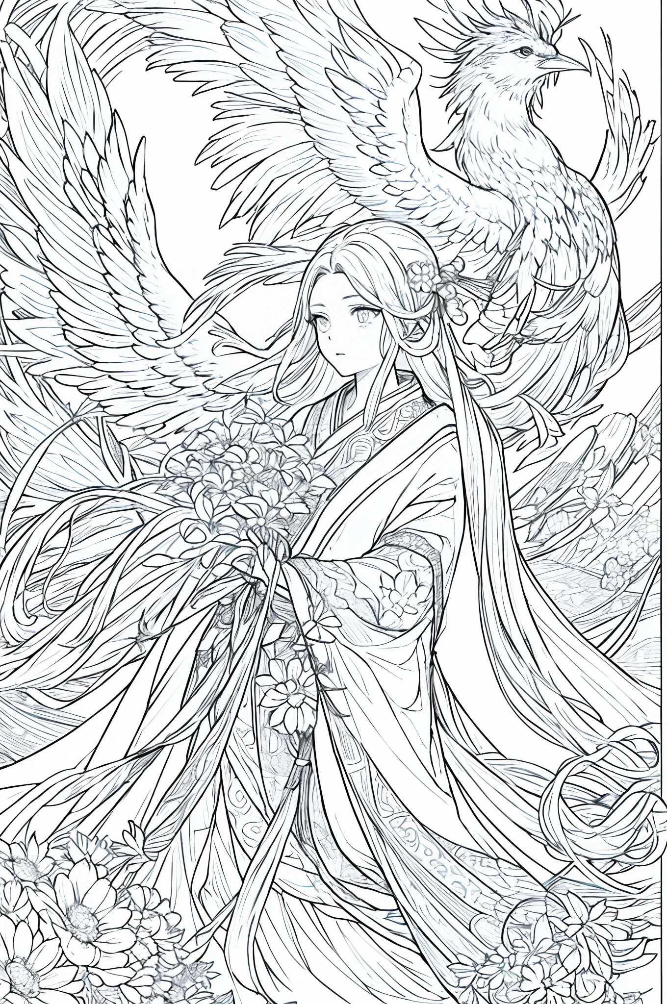 tmasterpiece, Acura, 1girll, Flowers in hand,Solo, Chinese Hanfu, The flower line draws the foreground,The bird,Phoenix background, white backgrounid, Mono Color, Ancient wind,Line drawing,Line drawings