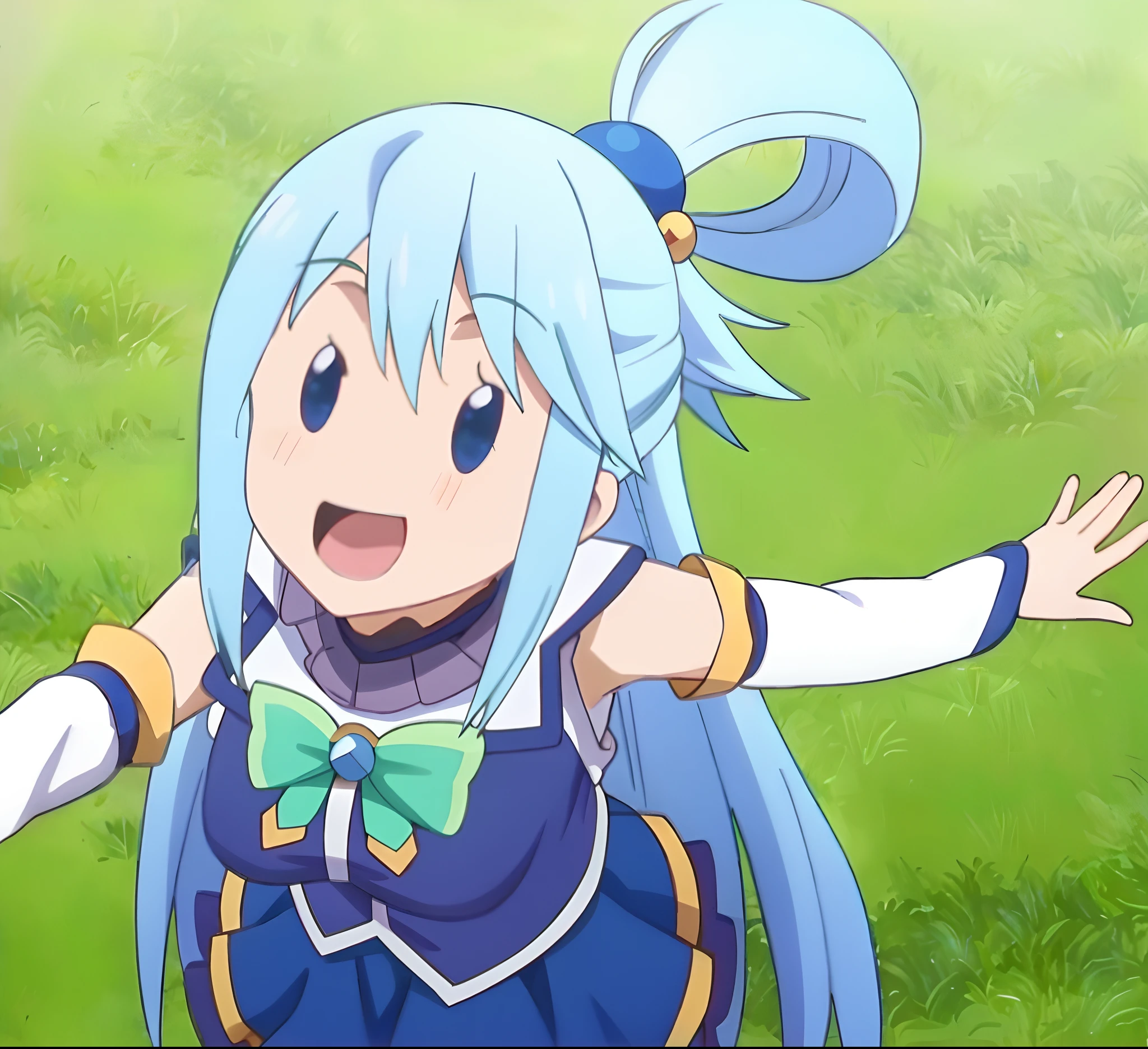 ,ANIME SCREENCAP,anime coloring,
1girl, Long hair, 独奏,open mouth,Smile,upper-body,head tilted, Blue hair, blue eyes, detached sleeves, Black background, hair ornament,Simple background, bare shoulders, single hair ring,green bow, looking to viewer, blue shirt,