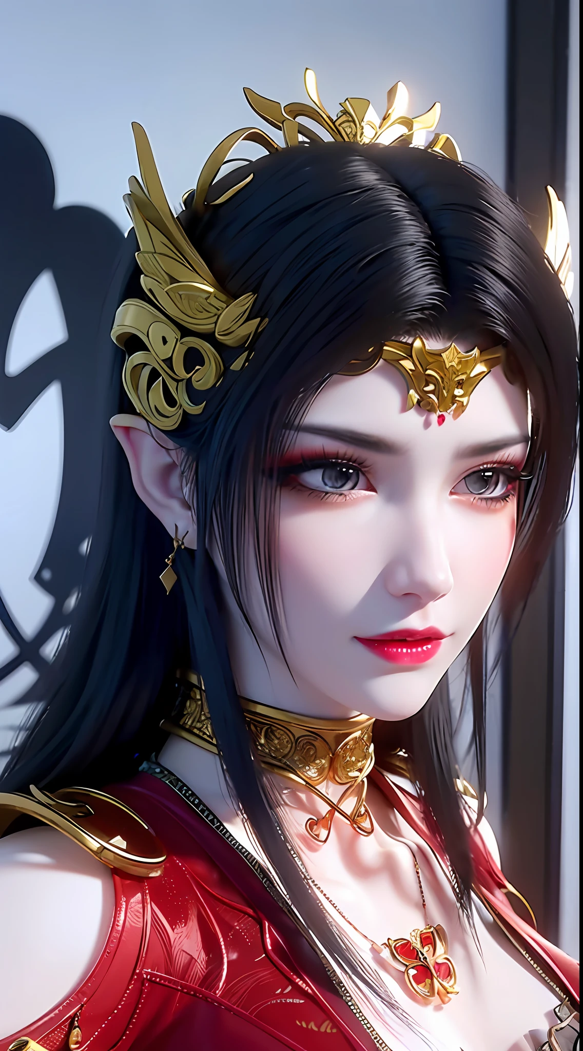 1 very beautiful queen medusha in hanfu dress, thin red silk shirt with many yellow motifs, black lace top, long hair dyed black, beautiful hair jewelry, pretty face pretty and cute, perfect face, earring jewelry, head and hair jewelry, antique jewelry, big red eyes, sharp eye makeup, meticulous makeup eyelashes, thin eyebrows, nose tall, pretty red lips, no smile, pursed lips, rosy cheeks, breast augmentation, wide breasts, big breasts, well-proportioned breasts, slim waist, red mesh stockings with black lace, Chinese hanfu style, fictional art patterns, colors vivid and realistic, RAW photos, realistic photos, ultra-high quality 8k surreal photos, cool photos, (virtual lighting effects: 1.8), 10x pixels, magic effects (background): 1.8), super detailed eyes, beautiful girl body portrait, girl alone, ancient hanfu background, looking directly at the audience, wide original photo, 8k quality, super sharp, detailed and clear picture best, detailed light background,