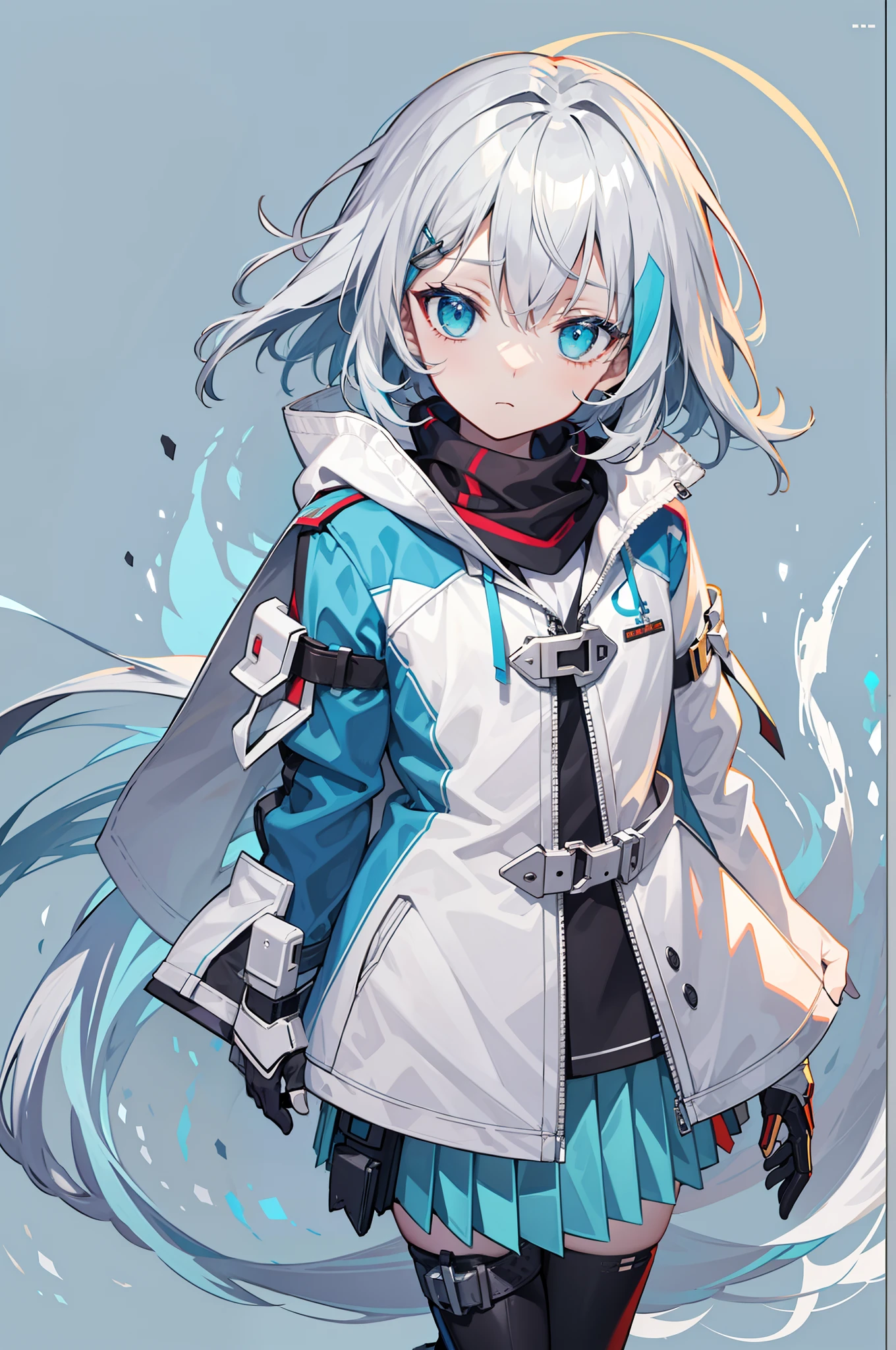 Flat color,rendering by octane,Mecha girl,Short hair,side locks,hair intakes,Silver_Hair/Cyan_Eyes,arm support,Expressionless,Sleepy,Pupil of the slit,wind coat,Skirt,Scarf, mitts, leg belt, arm belt, hair pin, ,mitts ,hat ribbon,Tiny_chest,simplebackground
