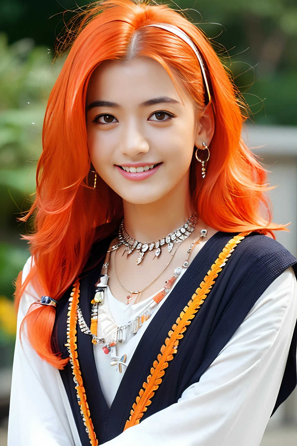 (extra detailed body、extra detailed face、best qualtiy:1.2)、femele、looking at the viewers、(Orange hair、Flashy clothes、ar old、a smile、Feather piercings down to the bottom of the shoulder、hippy、hair adornments、Fancy Necklaces、bell-bottoms)、(Crossroads:1.4)