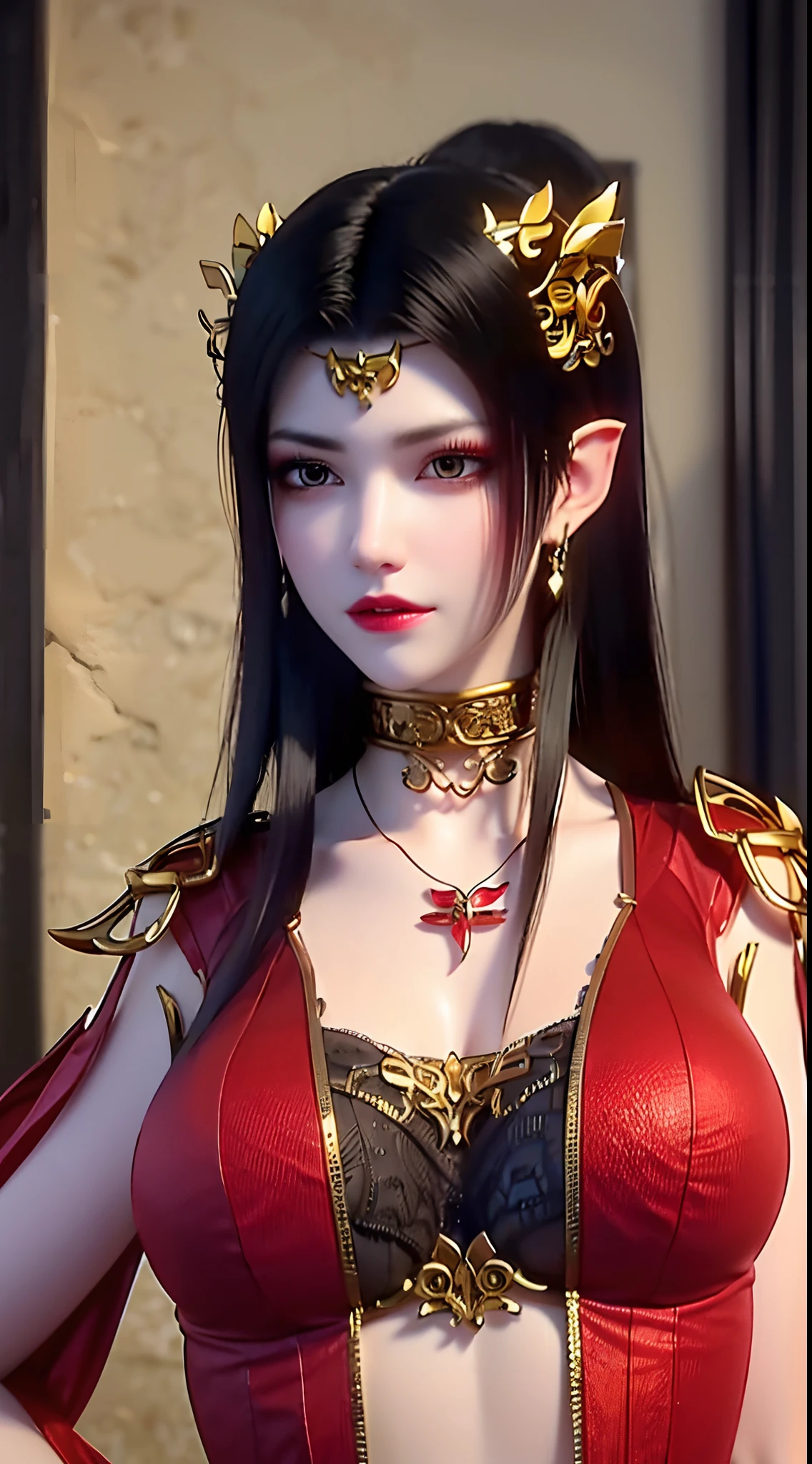1 extremely beautiful queen, ((wears a red traditional Han costume with thin black patterns:1.6)), (((jewels decorated on wedding dresses:1.6))), ((long black hair:1.6)), jewelry elaborately made from precious stones and beautiful hair, ((wearing a 24k gold lace necklace:1.4))), ((A thin red silk scarf covers half of the face:1.5)), the noble, noble style of an extremely beautiful girl, her small face is super cute, her face is very pretty, thin eyebrows, flawless beautiful face, ((black eye pupils: 0.8)), very beautiful eyes, ((platinum blue eyes: 1.6)), (((big round eyes:1.6))), nice makeup and hair detailed eyelashes, steamy eye makeup, high nose, earrings, red lips, ((closed mouth: 1.5)) beautiful lips, slim hands, most beautiful thighs, ((arms spread out to the sides: 1.5)), rosy face, clean face, flawless beautiful face, smooth white skin, (big breasts: 1.5)), ((high breasts: 1.6)), tight breasts, beautiful cleavage, (((big breasts and super round: 1.8))), ((super tight breasts: 1.7)) , beautiful breasts, perfect body, back arms, chest out, thin black mesh stockings with black lace trim, 8k photo, super high quality, super realistic, super 10x pixels, optical, bright studio, bright edges, dual-tone lighting, (high-detail skin:1.2), super 8k, soft lighting, high quality, volumetric lighting, photorealistic, photorealistic high resolution, lighting, best photo, 4k, 8k quality, blur effect, smooth sharp, 10 x pixel, ((sea and moonlight at night background:1.5)), aurora, lightning, super graphics realistic, most realistic graphics, 1 girl, alone, solo, Extremely sharp image, surreal, (((frontal portrait: 1)))."