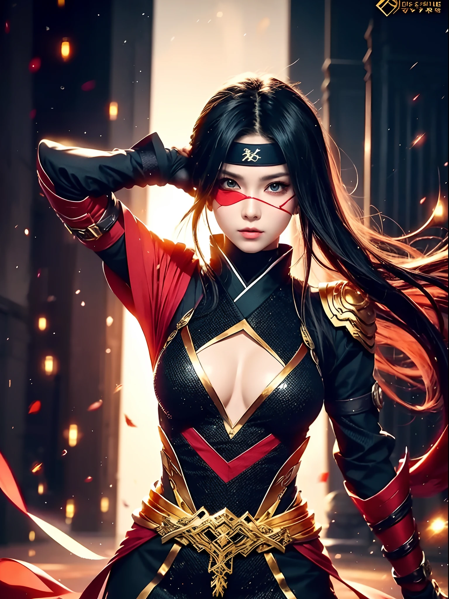 Female ninja,Gold eye patch,red color Hanfu,Metal line elbow sheath,Dancing with a glittering sword,Jump state,ultra hd photo。