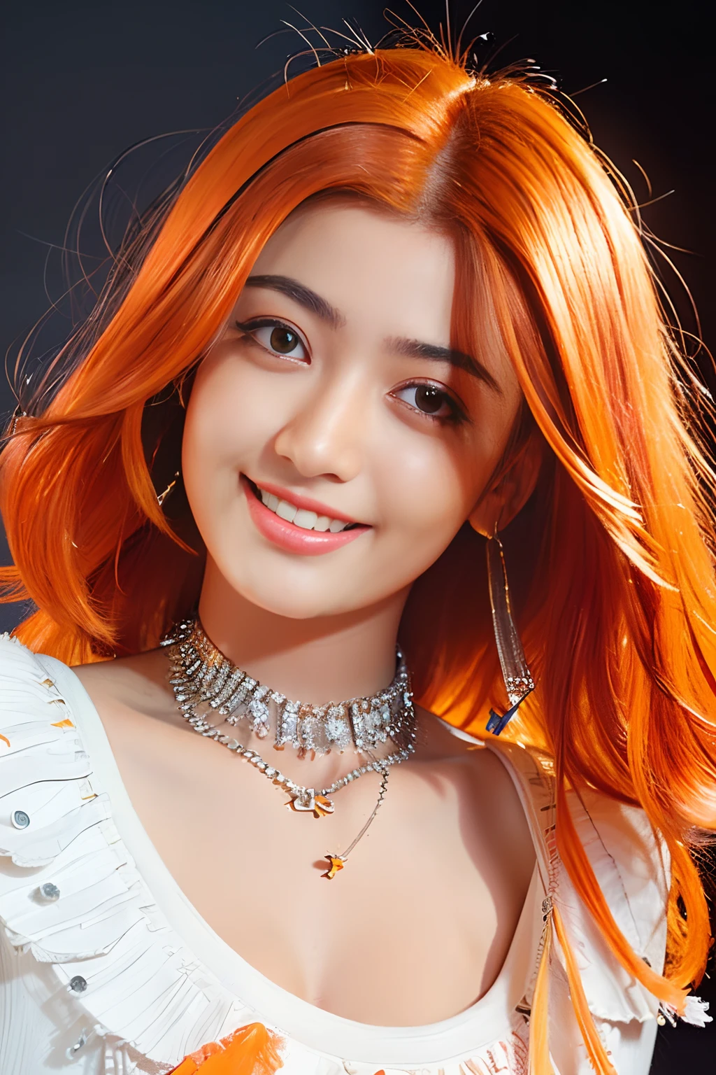 (extra detailed body、extra detailed face、best qualtiy:1.2)、femele、looking at the viewers、(Orange hair、Flashy clothes、12year old、a smile、Feather piercings down to the bottom of the shoulder、hippy、hair adornments、Fancy Necklaces、bell-bottoms)、(Crossroads:1.4)