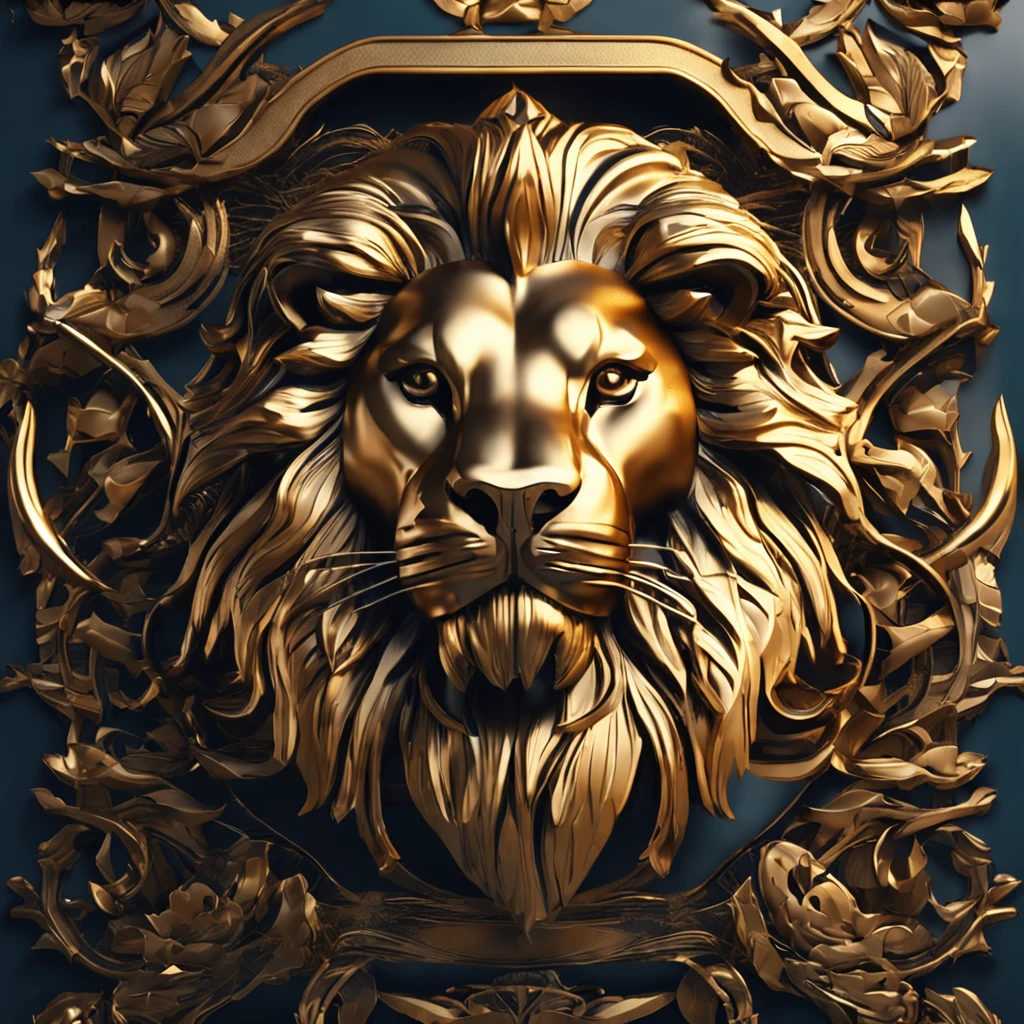 Make a logo with the head of a lion stylized in metal in gold color