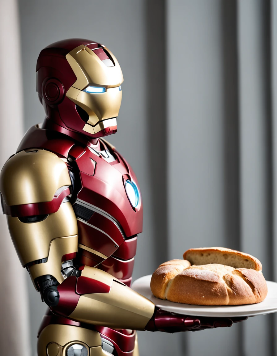 Iron man is wearing a bakers hat and Iron man is baking bread