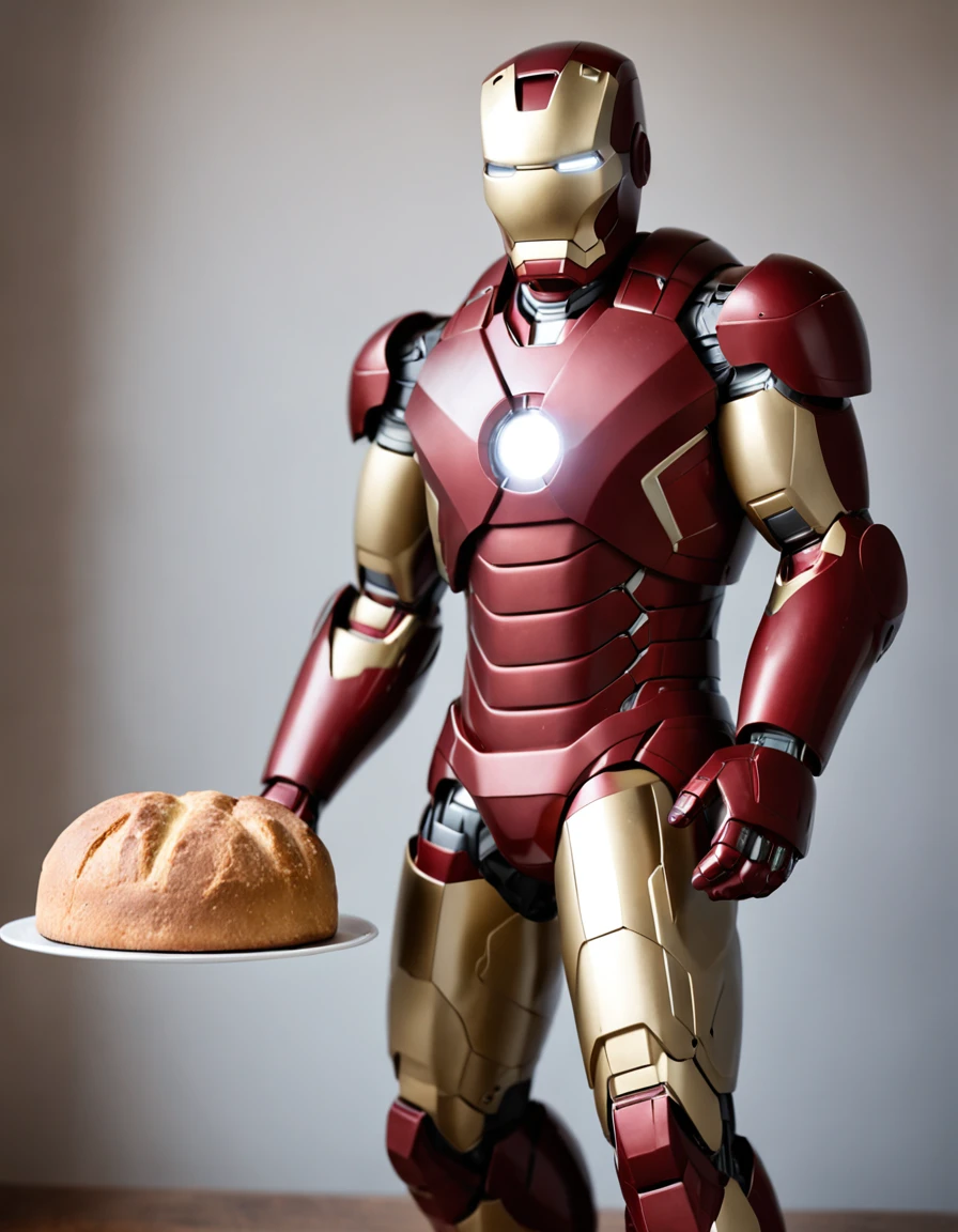 Iron man is wearing a bakers hat and Iron man is baking bread