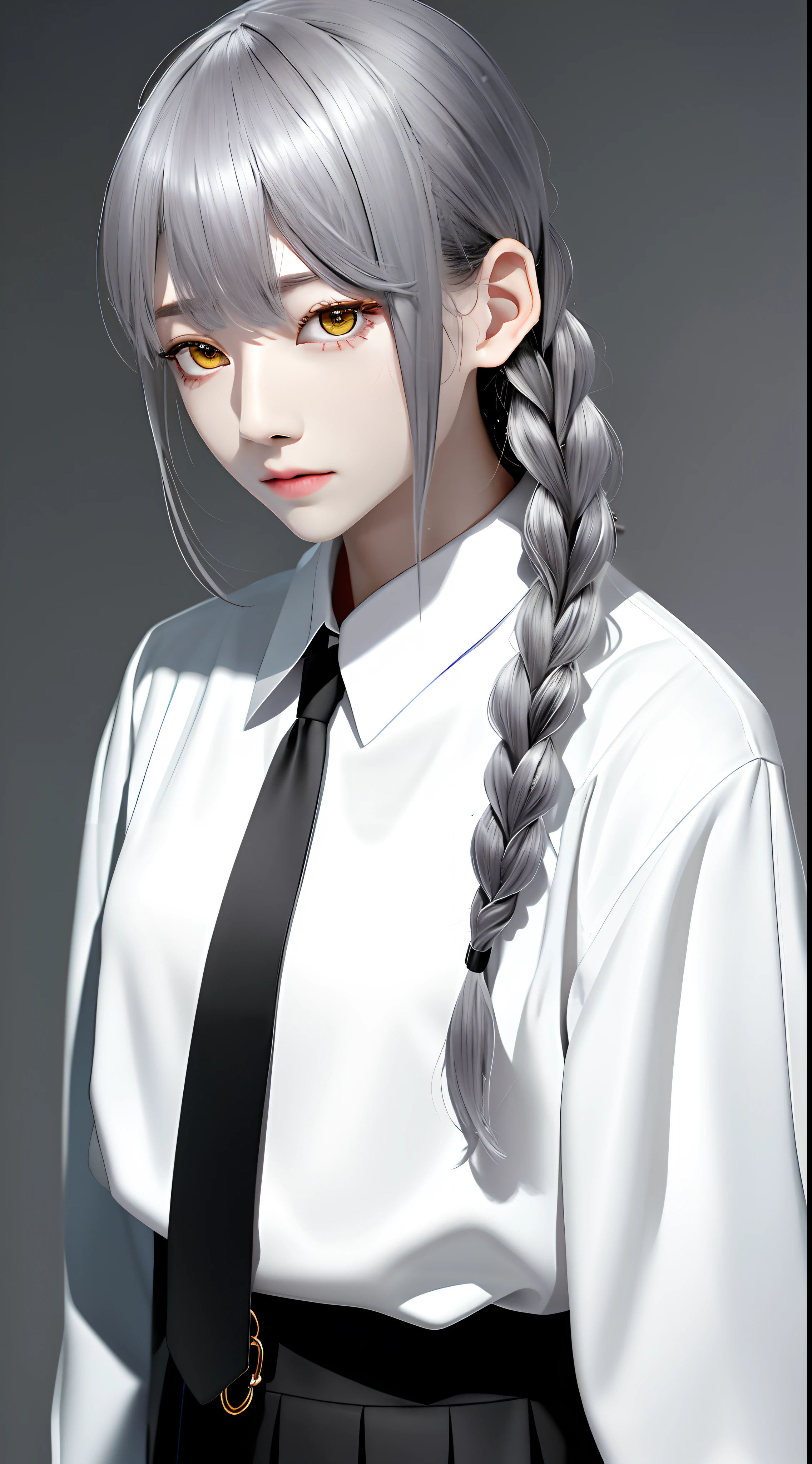 tmasterpiece,(真实感:1.4),best qualtiy,beautiful light up,(ulzzang-6500:0.5),makima \(chainsawman\),(Gray hair)+(long braid)+(By bangs),Yellow eyes,Golden eyes, ((eye socket)), (white shirt), (tiese), RAW photos, 8k uhd, Film grain anime