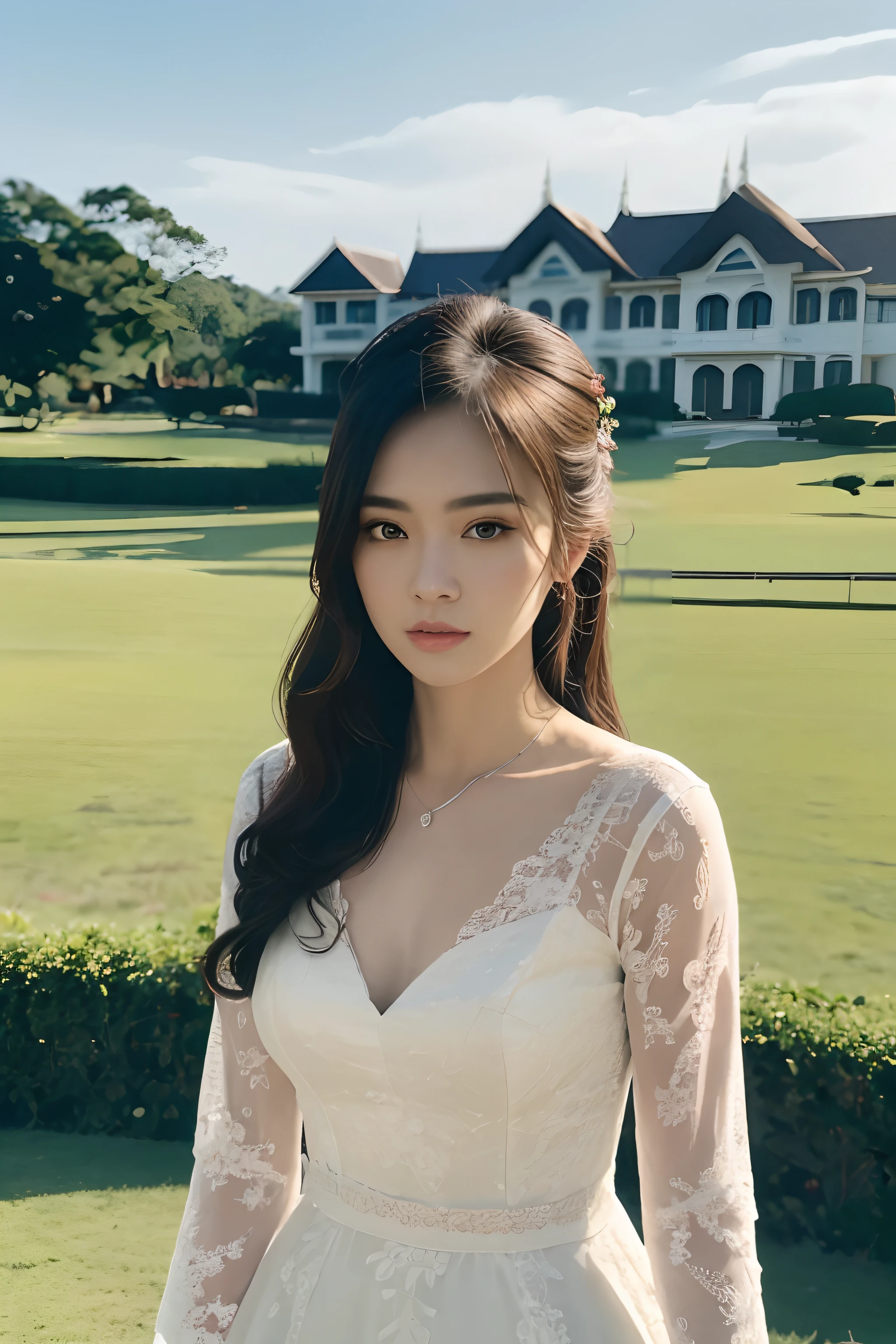 (8k, best quality, masterpiece:1.2),(realistic, photo-realistic:1.37),ultra-detailed,beautiful devil,upper body,face the front,looking at viewer,wearing white lace dress, beautiful devil,upper body,face the front,looking at viewer, in Moven pick hotel resort in Khao Yai Thailand. Castle hotel in the background