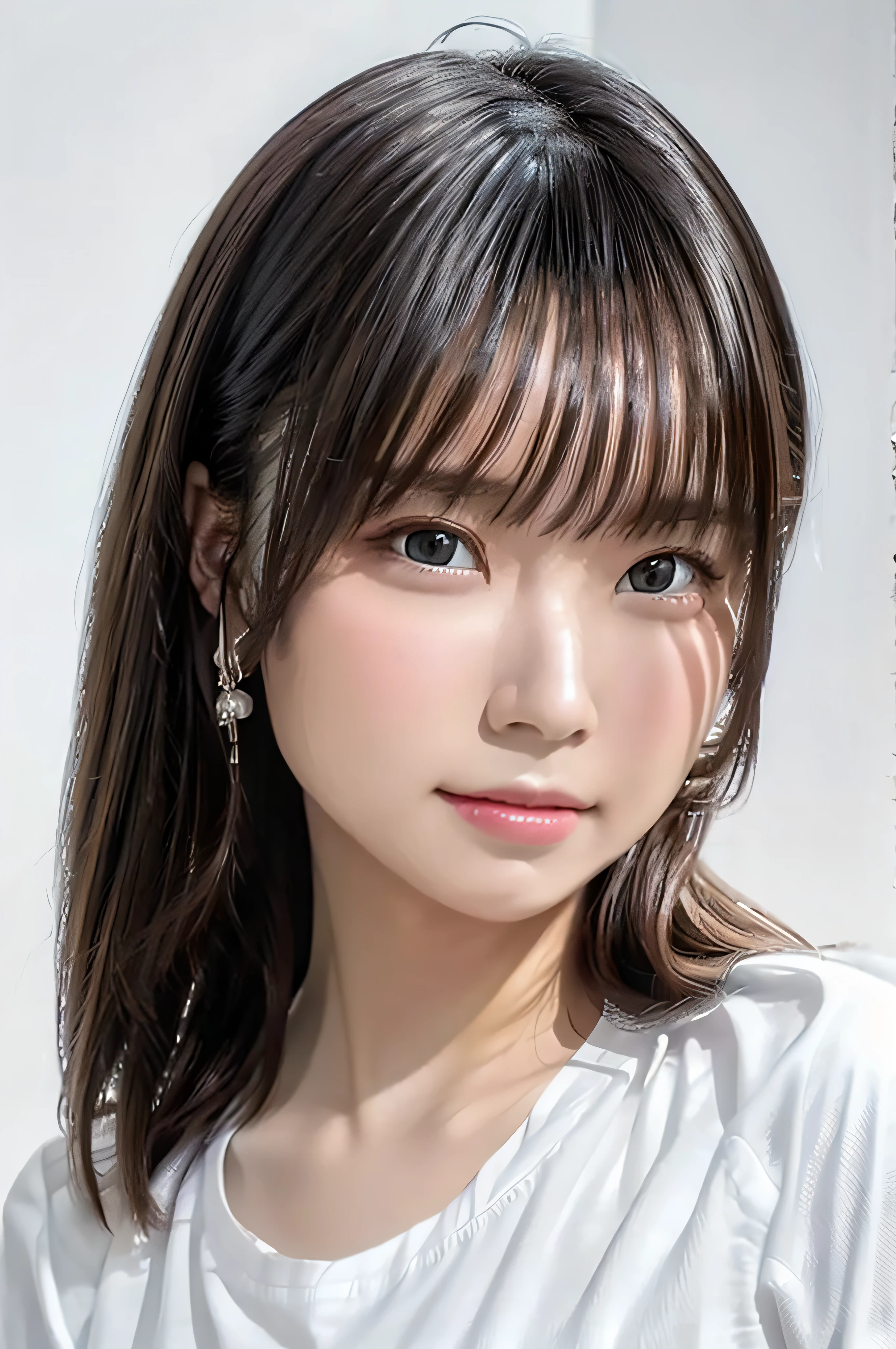 ​masterpiece, top-quality, 8K, absurderes, (The upper part of the body:1.4), white  shirt, beautiful a girl, Clean face, looking at the viewers, a smile, A hyper-realistic, hight resolution, a picture, film grains, chromatic abberation, foco nítido, HDR, face lights, Dynamic lighting, 电影灯光, Professional Shadows, simple background, (White background:1.4), highestdetailed, ighly detailed, ultra-detailliert, finely detail, authentic skin, delicated facial features, detailed faces and eyes, Sharp pupils、Realistic pupils、