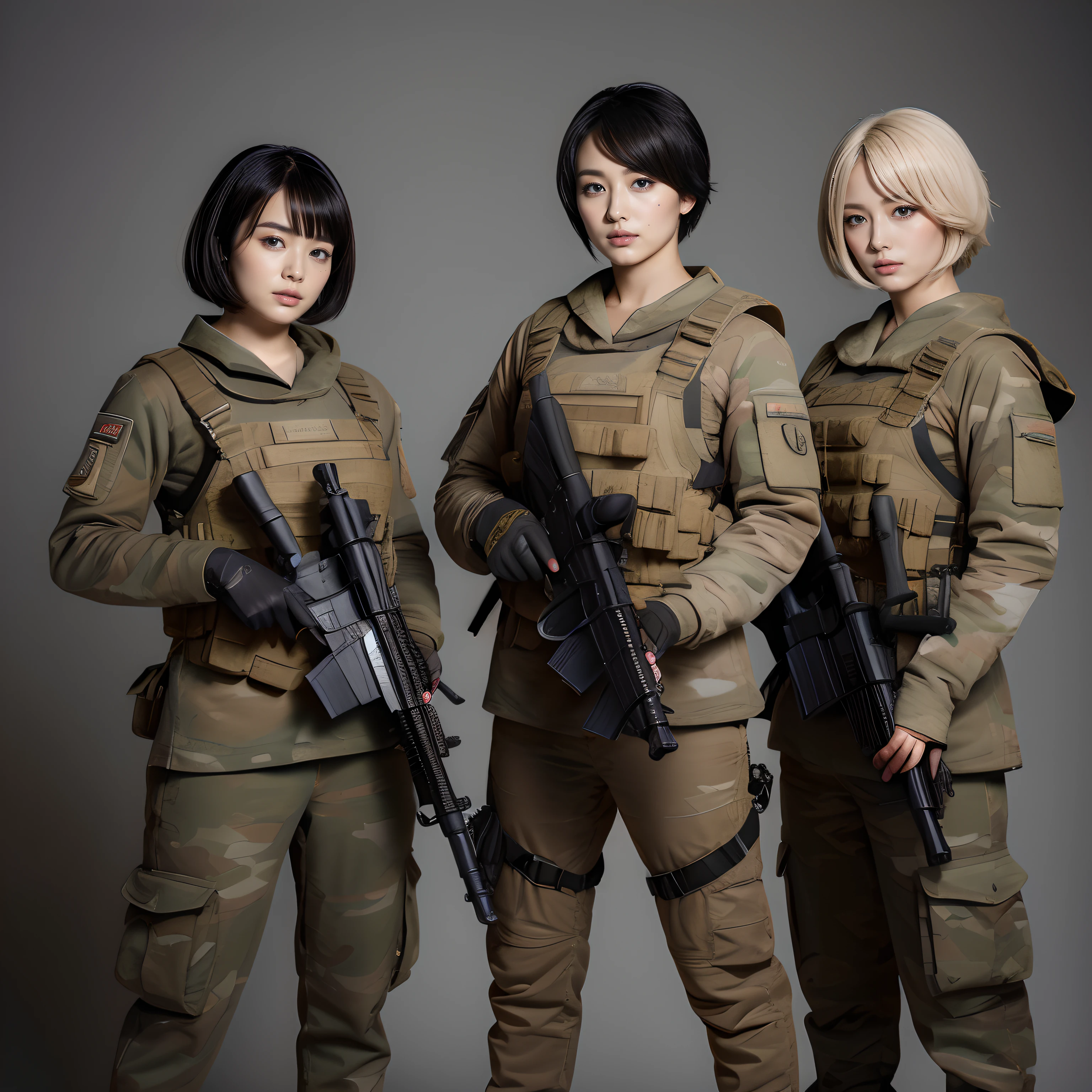 Beautie、battle garments、Two-handed assault rifle、25-years old、Bob Hair、