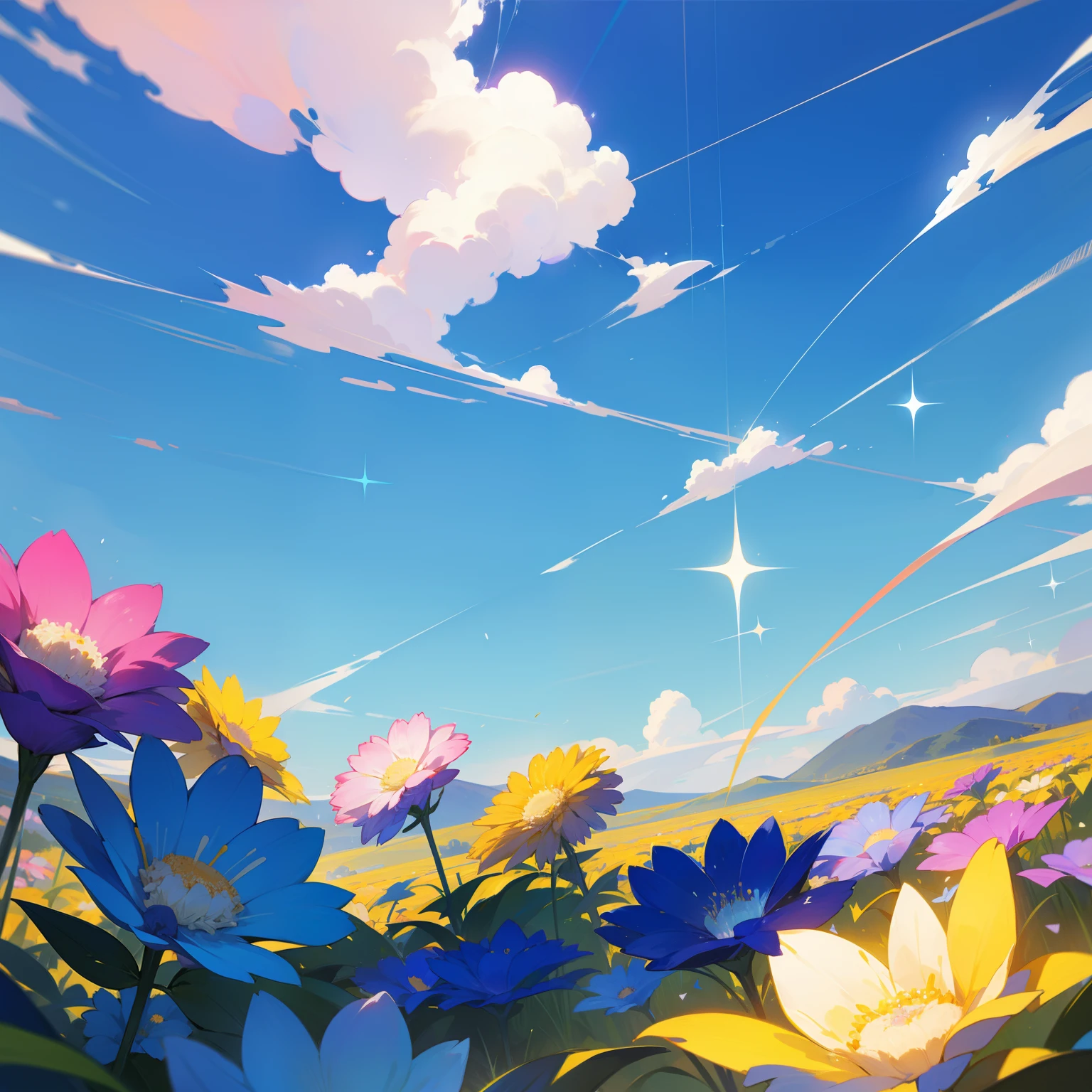 Blue sky、Colorful memories、Sparkling life。In a dream、A new beginning、florals、Blue and yellow world、
