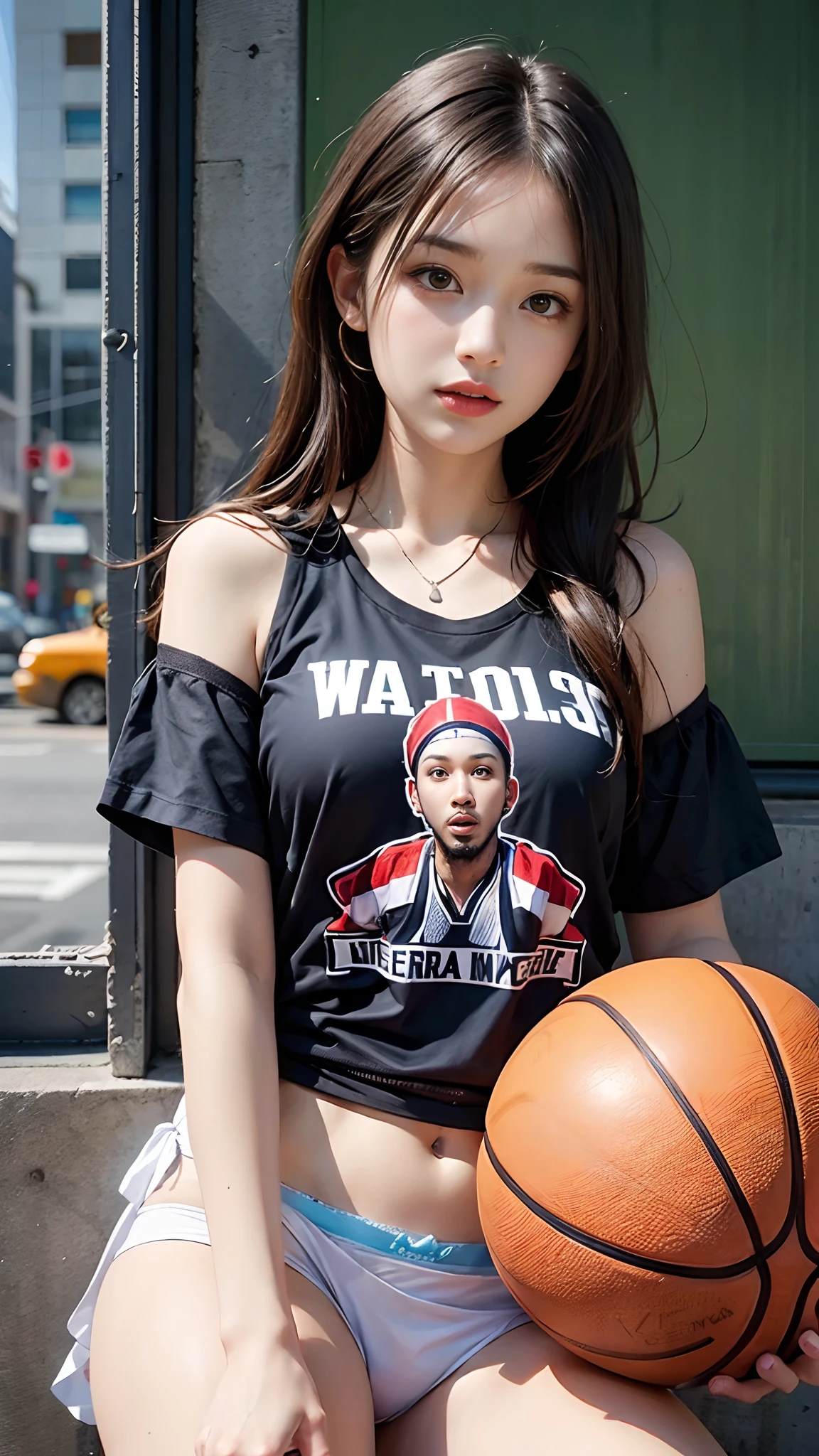 Woman wearing basketball t-shirt , ((((only pantie))))