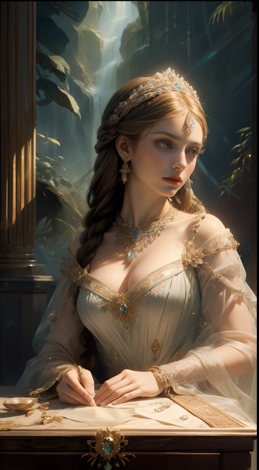 (Ultra-high quality masterpiece,Beautiful bust of a noble maiden,Classical braids,Clear eyes,Floral craftsmanship,Crystal jewelry,Ultra-fine details,Soft lighting)