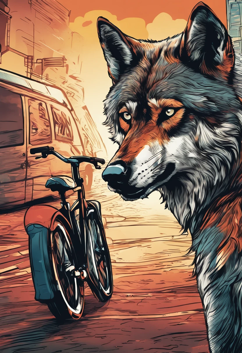 There's a wolf staring into the camera, Grafite altamente detalhado, in illustration style digital, pintura digital altamente detalhada, arte digital. altamente detalhado, pintura digital de alta qualidade, arte digital altamente detalhada, estilo de pintura digital com uma bicicleta legal