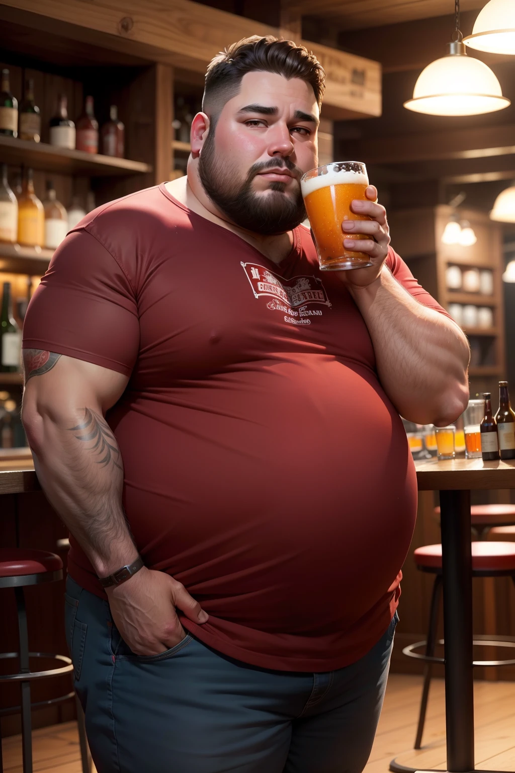 description: Make a man with obesity

Features: Esse homem deve estar usando roupa vermelha.

scenecy: He must be inside a bar

Share: He's drinking beer

Quality: Foto ultra realista, qualidade 8k, fullh
/imagine prompt in English