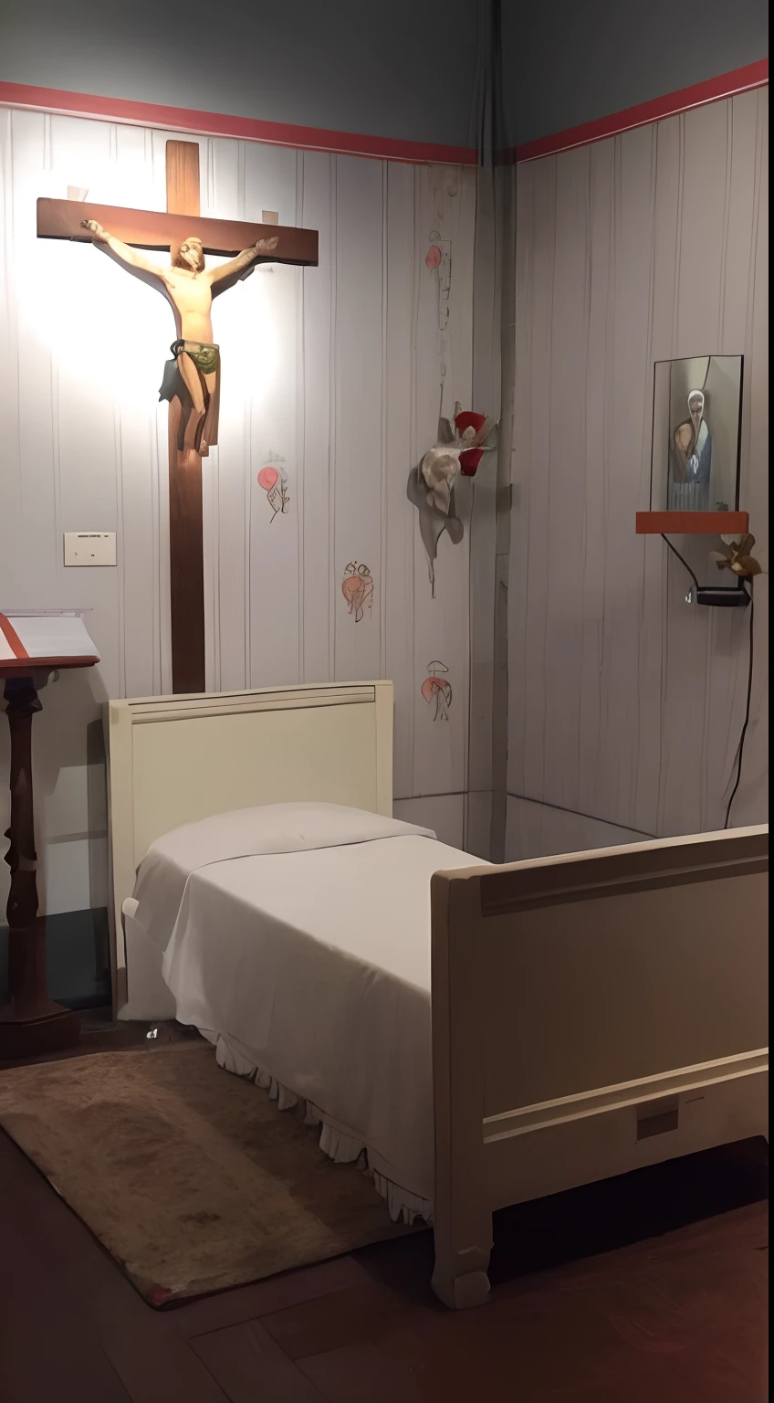 There is a bed in a room with a crucif on the wall, The Catholic pope in his bed, the pope wakes up is his bed, The Pope is in his bed, interior de um pequeno, dentro de um quarto, em detalhe, Inside the bedroom of the Gothic doll's mansion, Vista interna, ambiente do museu, Exibido nas paredes, grande obra-prima, antigo