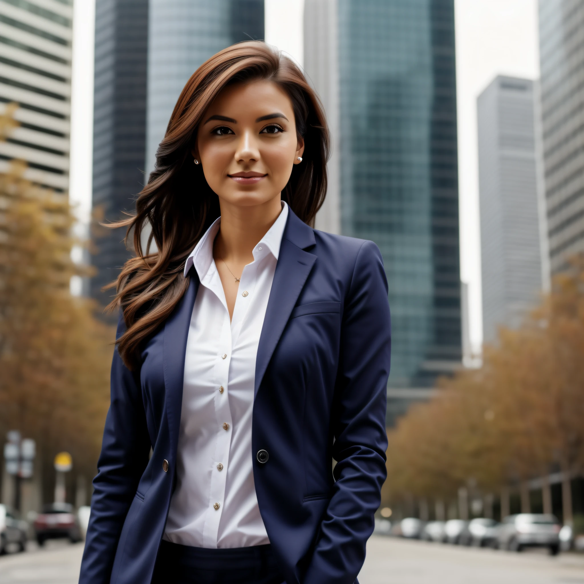 1 photo of woman, medium hair, well organized, business woman, urban background
