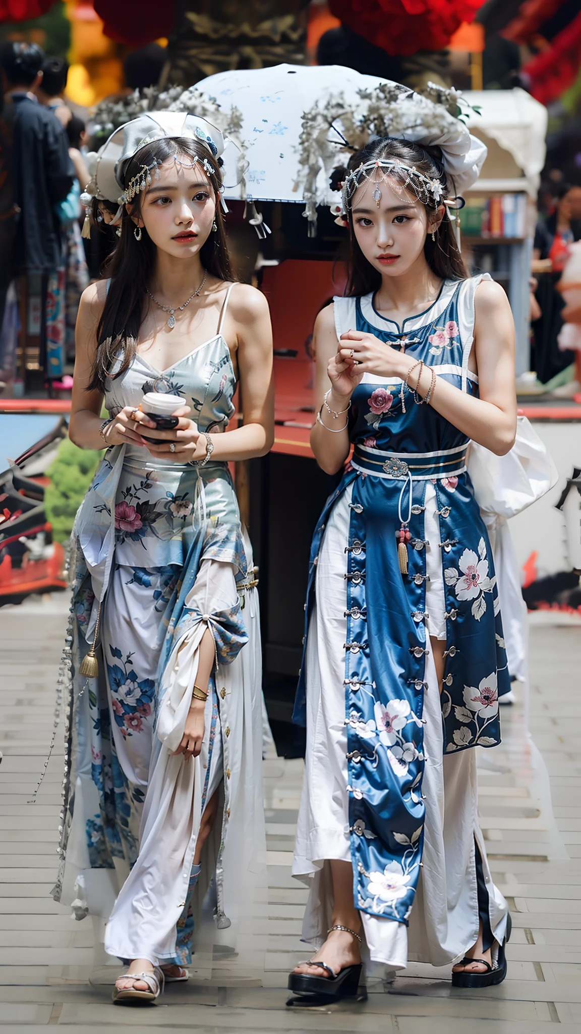 2 girls,Wear ancient Chinese clothing,Wearing silver jewelry on his head,