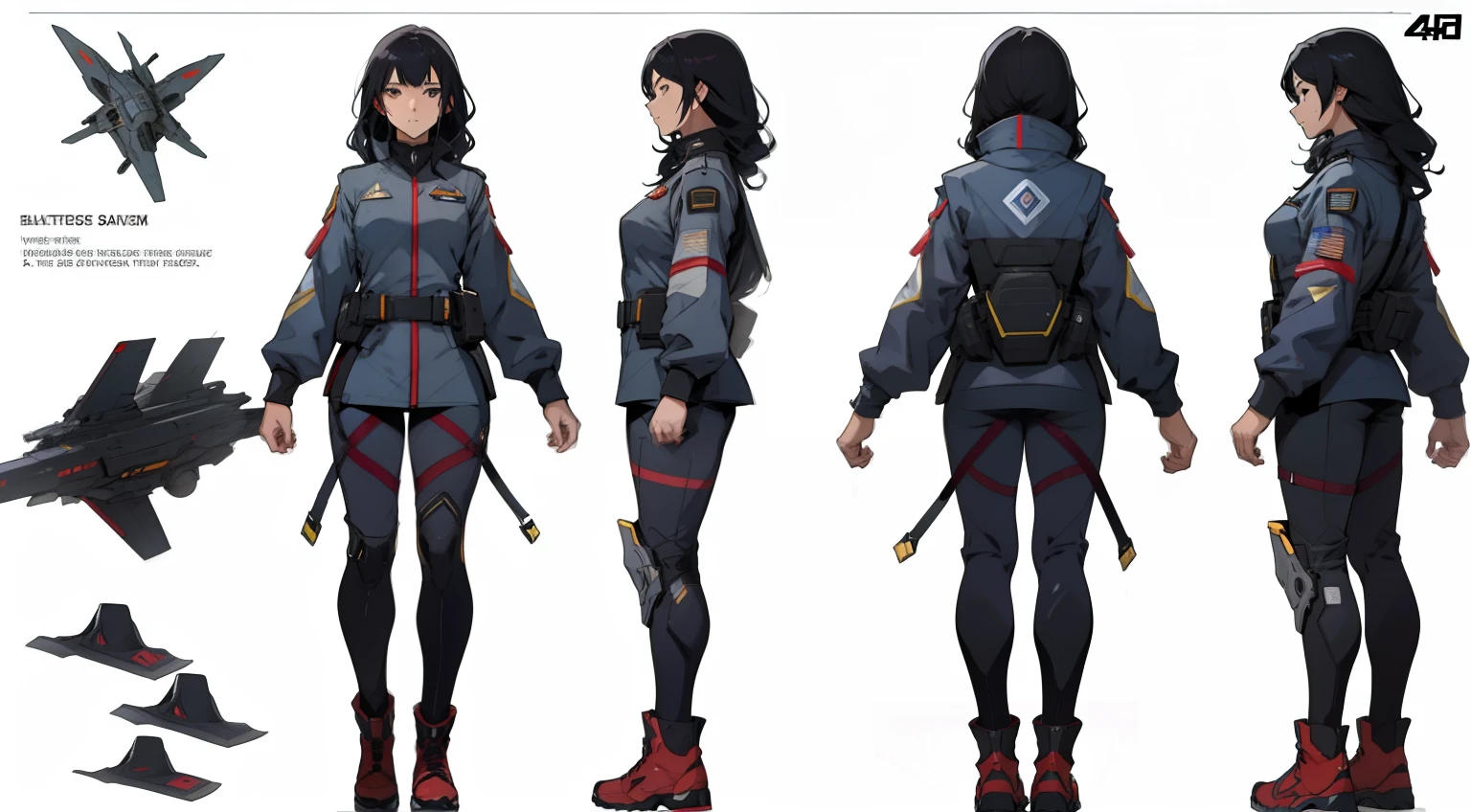 character sheet, full body, Famale, black hair, hair above shoulders, background, anime style, 4k, high quality, women's space military formal uniform costume, boot, 3 head detail in various angles