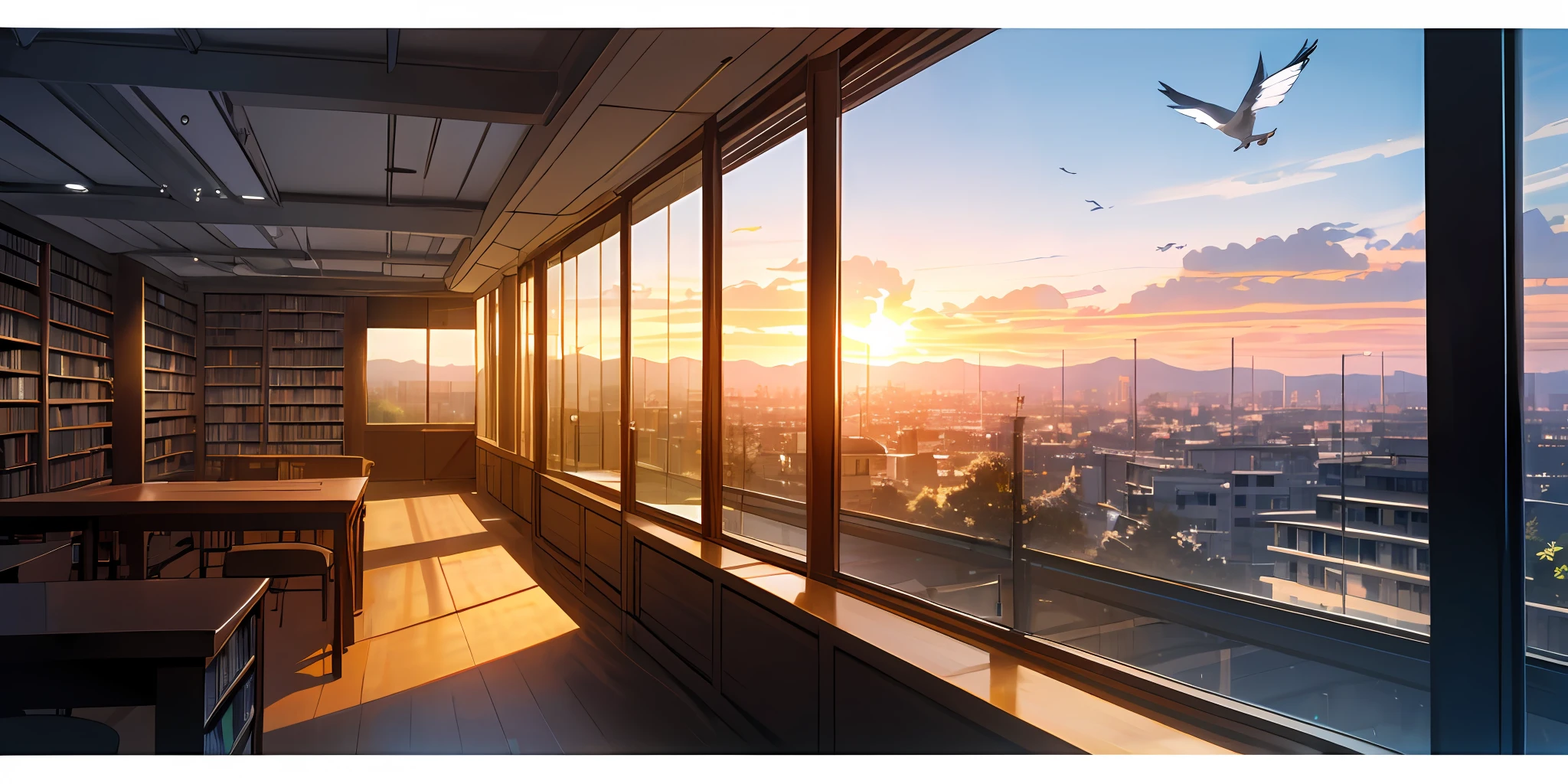 (((Modern library architectural design))),(the sunset),(Bright lights),(bird's eyes view),城市,(glass),(Roof planting)