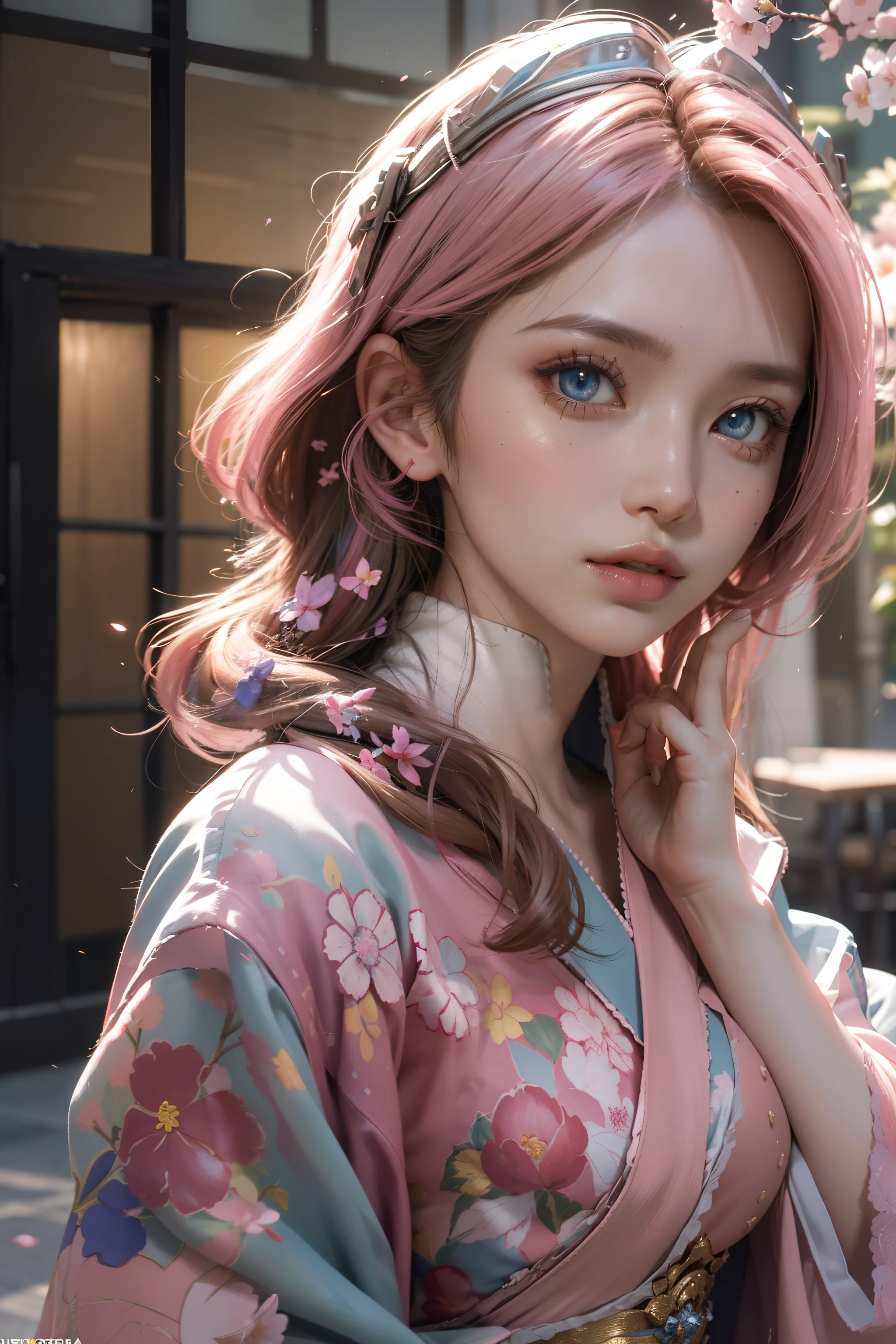 ((Best Quality)), ((Masterpiece)), (Detail: 1.4), 3D, Beautiful Cyberpunk Female Image, HDR (High Dynamic Range), Ray Tracing, NVIDIA RTX, Super Resolution, Unreal 5, Subsurface Scattering, PBR Texture, Post-Processing, Anisotropic Filtering, Depth of Field, Maximum Sharpness and Sharpness, Multi-layer Texture, Albedo and Highlight Mapping, Surface Coloring, Mitsu-Accurate Simulation of Material Interactions, Perfect Proportions, Octane Rendering, Two-color Light, Large Aperture, Low ISO, white balance, regular three-point, 8K RAW, beautiful bright pupils, flowing robe, fine pupils, delicate face and eyes, long eyelashes, blush, fluffy hair, pink lips, pure, cute, cherry blossom petals falling, butterflies, fashionable design clothes