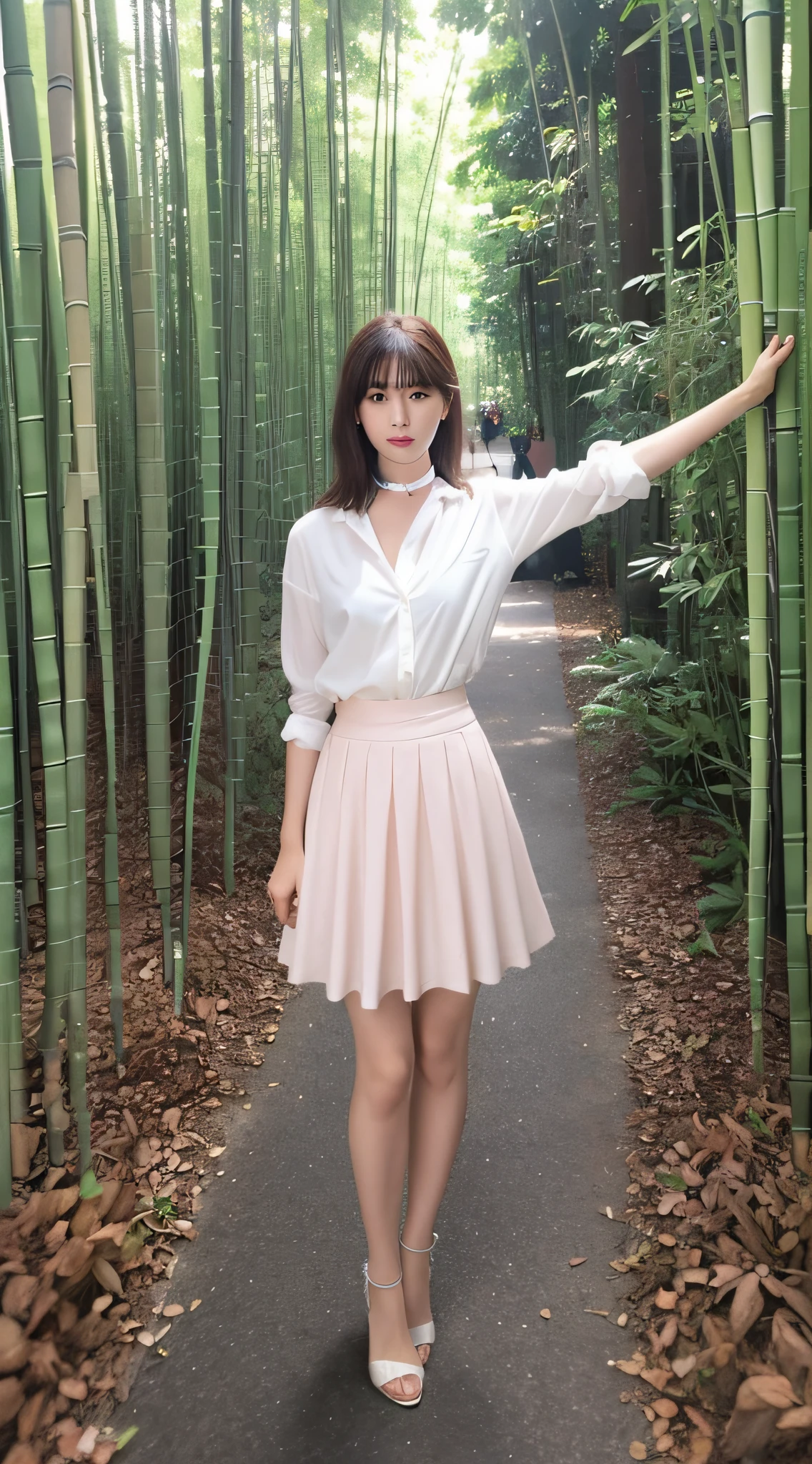 (Best Quality, 8K, masutepiece, Ultra HD: 1.3), 1girl in, agalactia ,light brown hair, Blunt bangs, hair behind ear, hair over shoulder, Long hair, slender body shape, Ultra Fine Face, Delicate lips, Beautiful eyes, Double eyelids, lipsticks, thin blush ,eyes are light brown ,perfect glossy skin,flawless skin fair white skin ,Glistening sweat,View here, Ultra-thin hands, Ultra-fine fingers, best ratio four finger and one thumb, (realisitic:1.3),Finger Extensions, the see-through white shirt, White see-through tight skirt , Slender and beautiful legs ,a white choker,Low Heels. bamboo forrest