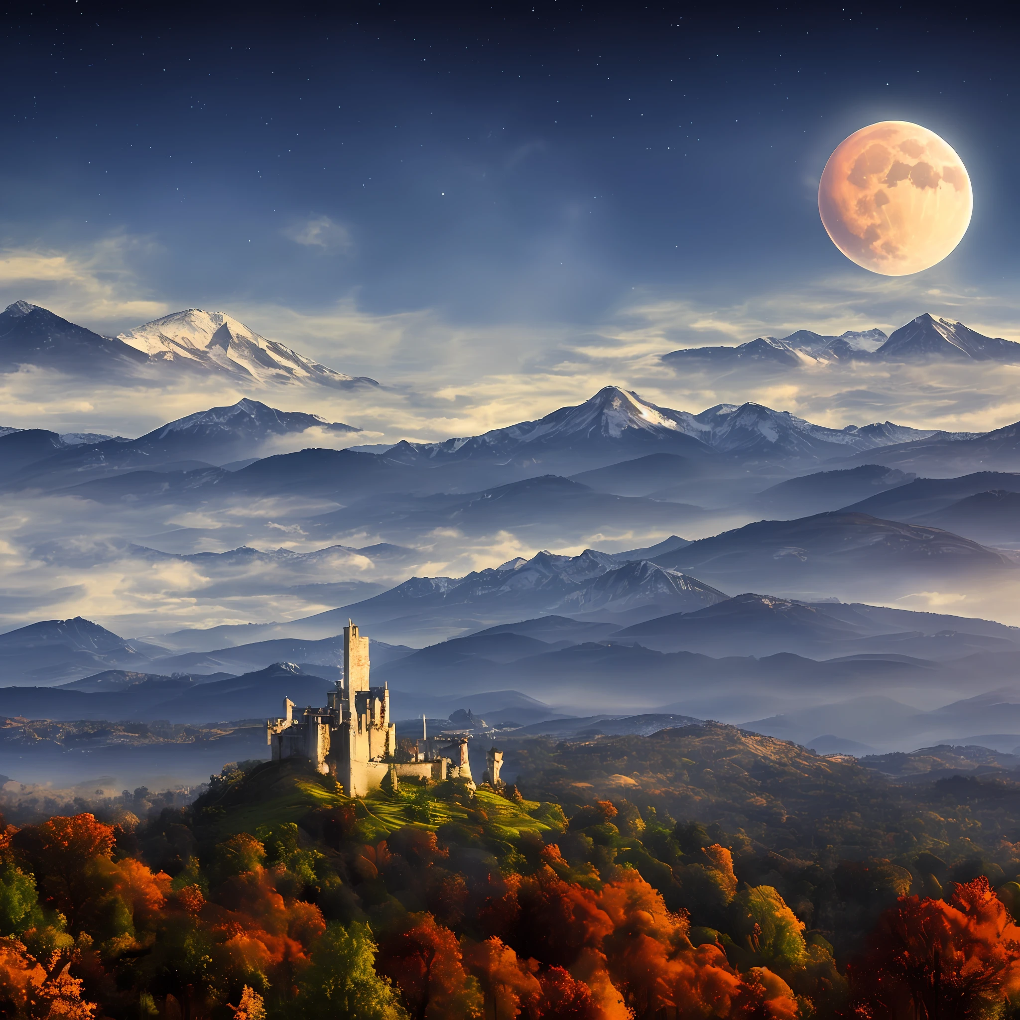 A picture of a epic fantasy huge white castle which is very high and in the background are mountains and a sky with a red moon